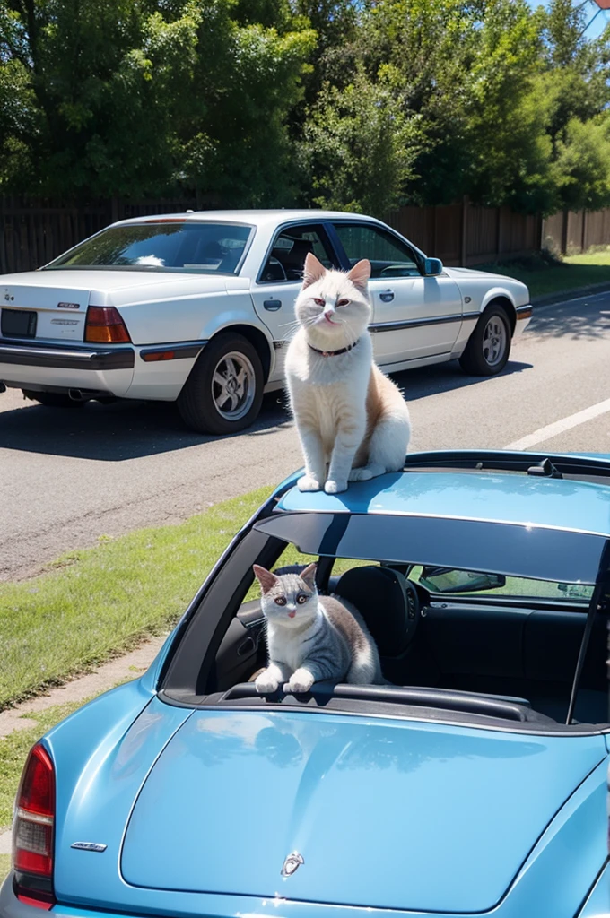Parking scene with blue sky and sunny sky with cat frightened on car hood