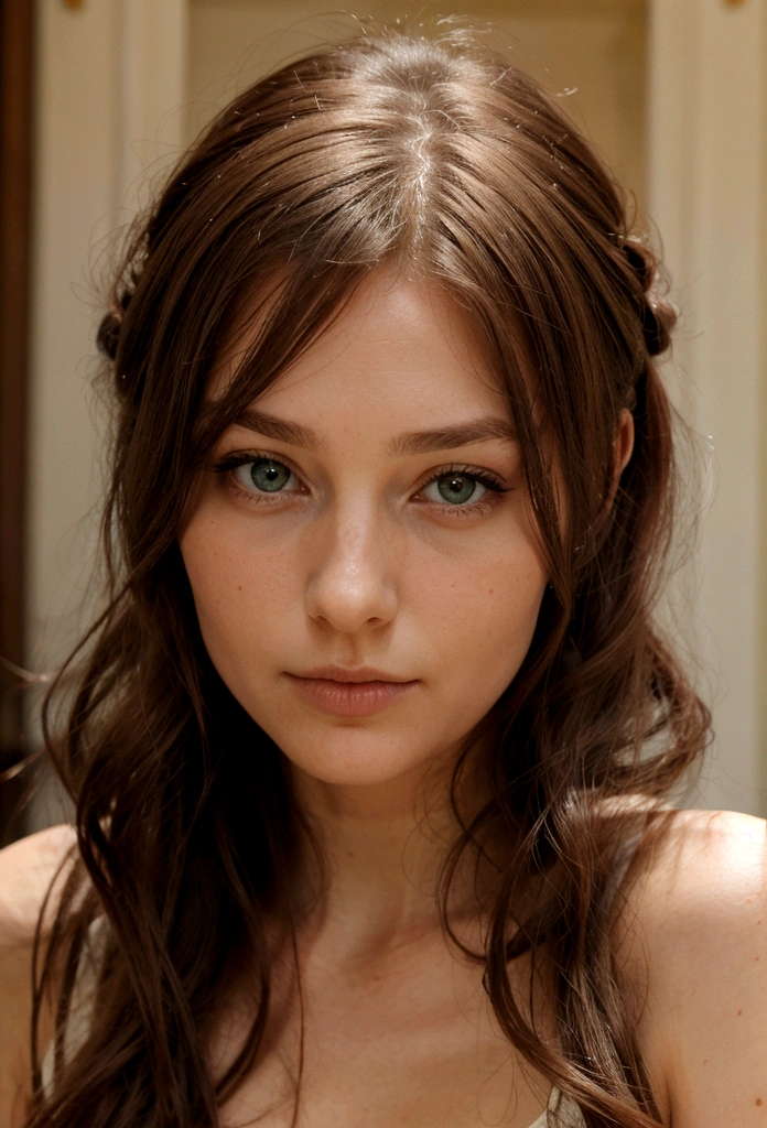 Une fille aux cheveux marrons clairs et aux aux yeux verts