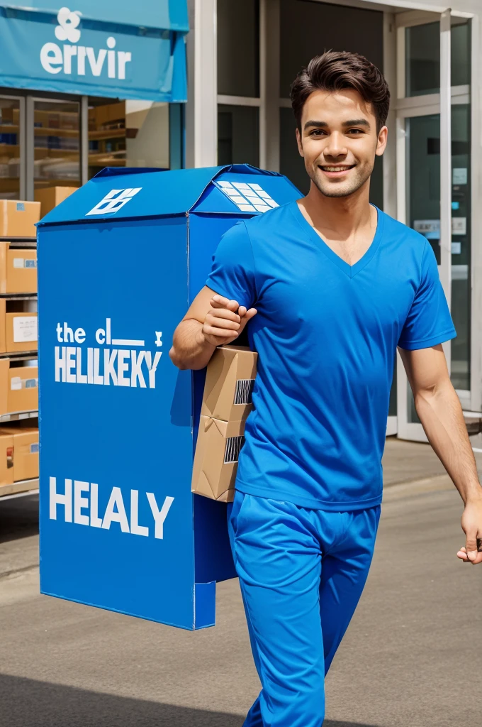Delivery buying blue outfit delivery open boxes to people with good is in it. Make it as if he is delivering to somebody store make the picture smaller and the background bigger to allow for some text area. Make the mall look happy and related to the health week