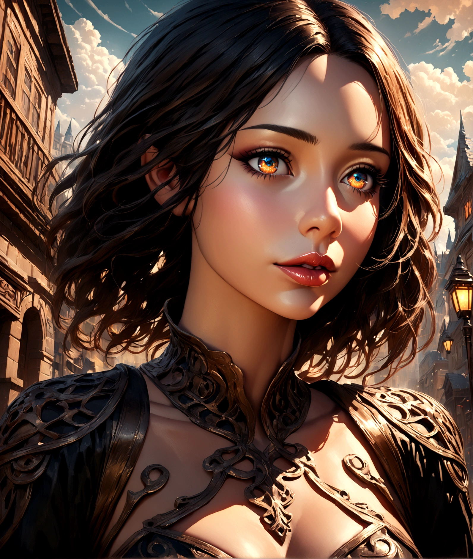 detailed anime girl, beautiful detailed eyes, beautiful detailed lips, extremely detailed face and features, long eyelashes, detailed realistic clothing, detailed street background, detailed buildings, detailed street lamps, detailed pavement, detailed sky, detailed trees, detailed clouds, vibrant colors, cinematic lighting, photorealistic, 8k, high quality, masterpiece, intricate details