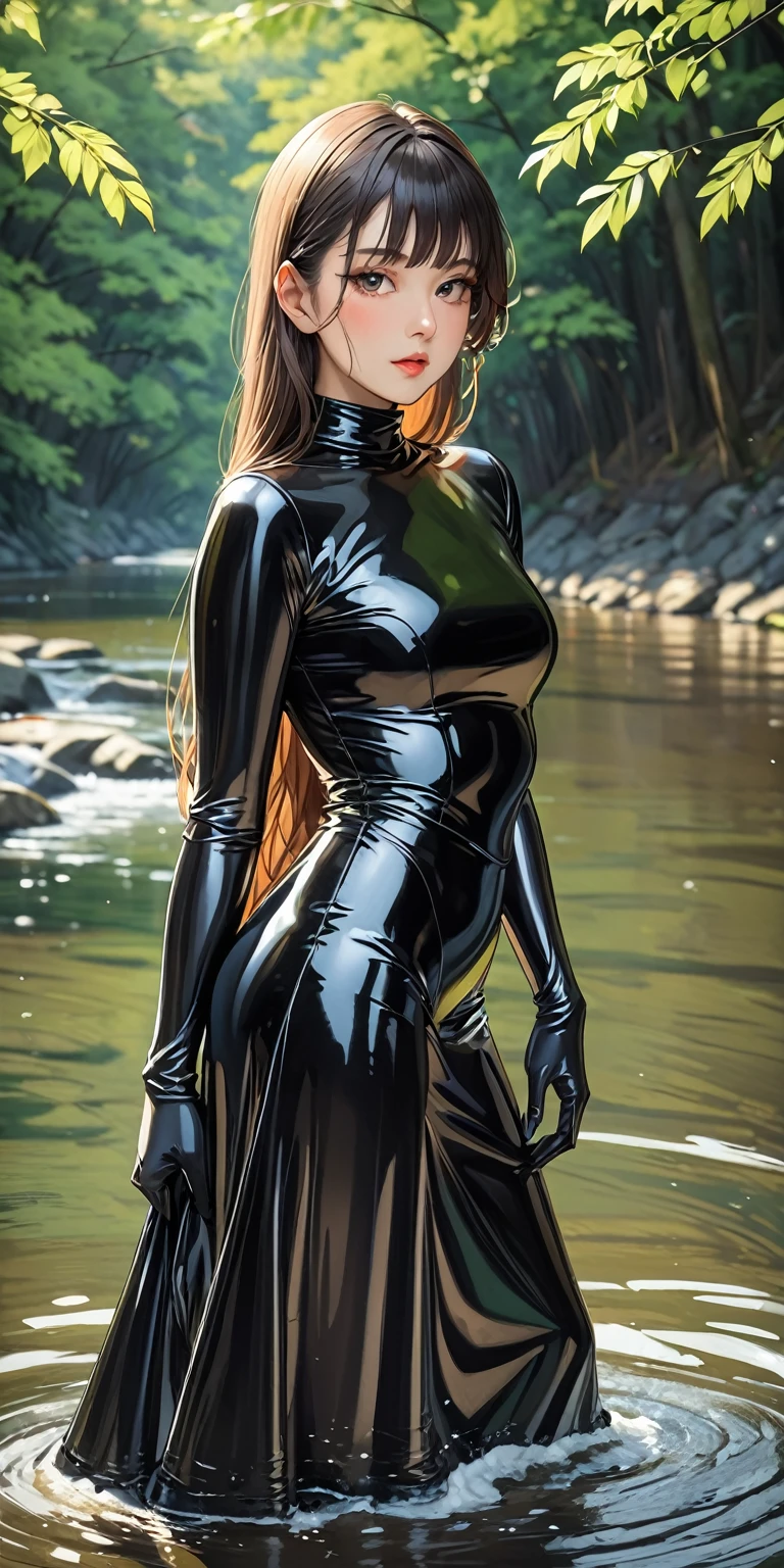 (((masterpiece))), (((best quality))), ((ultra-detailed)), (illustration), ((an extremely delicate and beautiful)),dynamic angle,floating, (beautiful detailed eyes), (detailed light) (1girl), Fujiko mine , big_breasts, floating_hair, glowing eyes, brown hair, brown-yellow eyes, black latex suit dress, very tight, sexy pose, provocative, alluring, seatting on a vintage ducati motorbike, feather, leaves, nature, (sunlight), river, (forest),(painting),(sketch),(bloom),Mine Fujiko,Margo Style