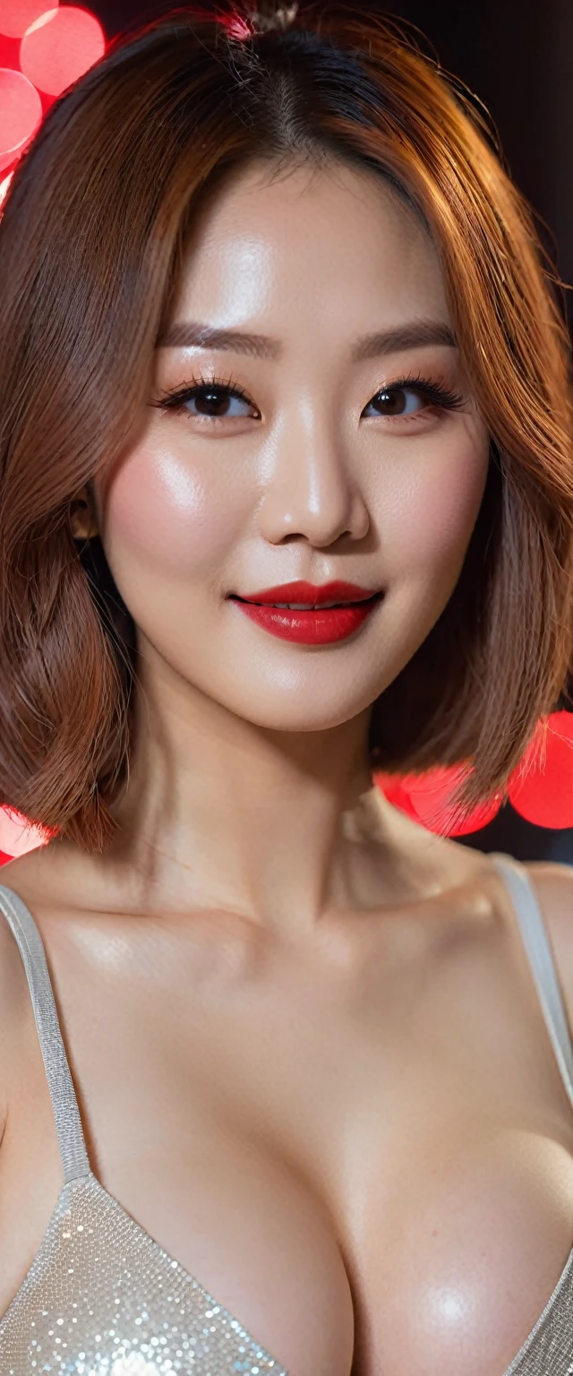 close-up of beautiful korean female, Gorgeus Girl, Beautiful, Baby Face, 20 Years Old, White Skin, red lipstick, sensual Lipstick, Colossal Breasts, Movie Lighting, Futuristic, ((Cleavage)), nude, beautiful Breasts, Rose Eye, Muscles, Bokeh, Masterpiece, Medium Bob, Rose-Gold Hair, Smile, sensational make up