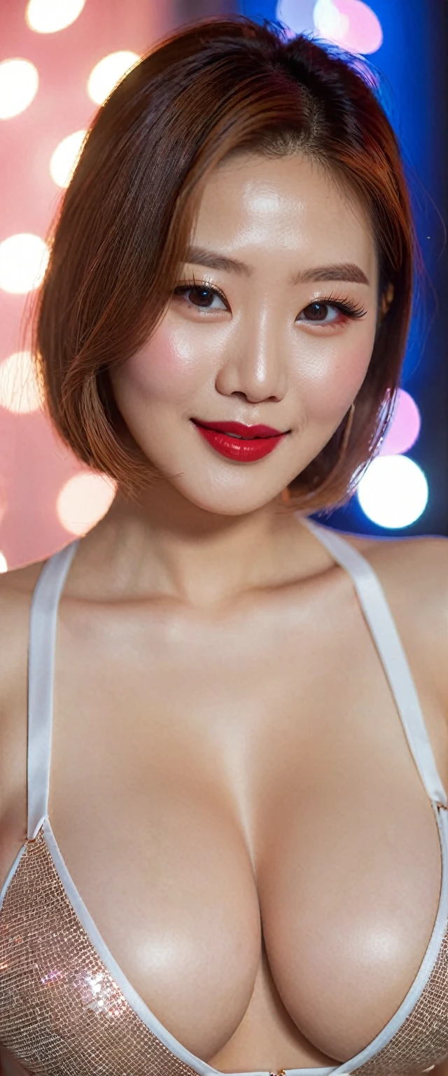 close-up of beautiful korean female, Gorgeus Girl, Beautiful, Baby Face, 20 Years Old, White Skin, red lipstick, sensual Lipstick, Colossal Breasts, Movie Lighting, Futuristic, ((Cleavage)), nude, beautiful Breasts, Rose Eye, Muscles, Bokeh, Masterpiece, Medium Bob, Rose-Gold Hair, Smile, sensational make up