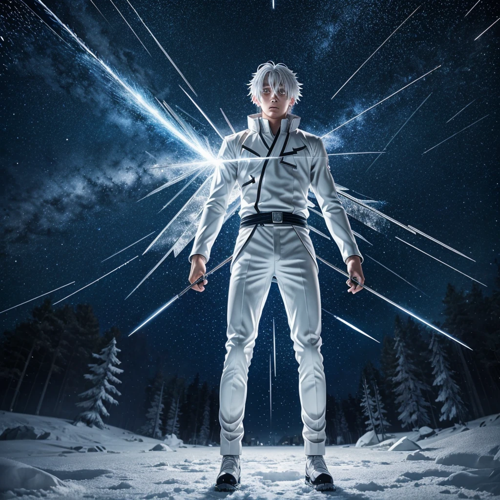 Japanese anime, boy, alone, silver white hair, white glass shards, crystallization, night sky, winter night, starry sky, shooting star crossing, solo, silence, rendering, best quality, masterpiece, full body, particle light effects, rendering