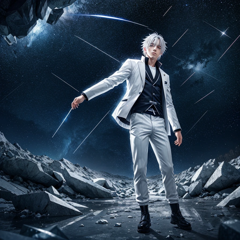 Japanese anime, boy, alone, silver white hair, white glass shards, crystallization, night sky, winter night, starry sky, shooting star crossing, solo, silence, rendering, best quality, masterpiece, full body, particle light effects, rendering