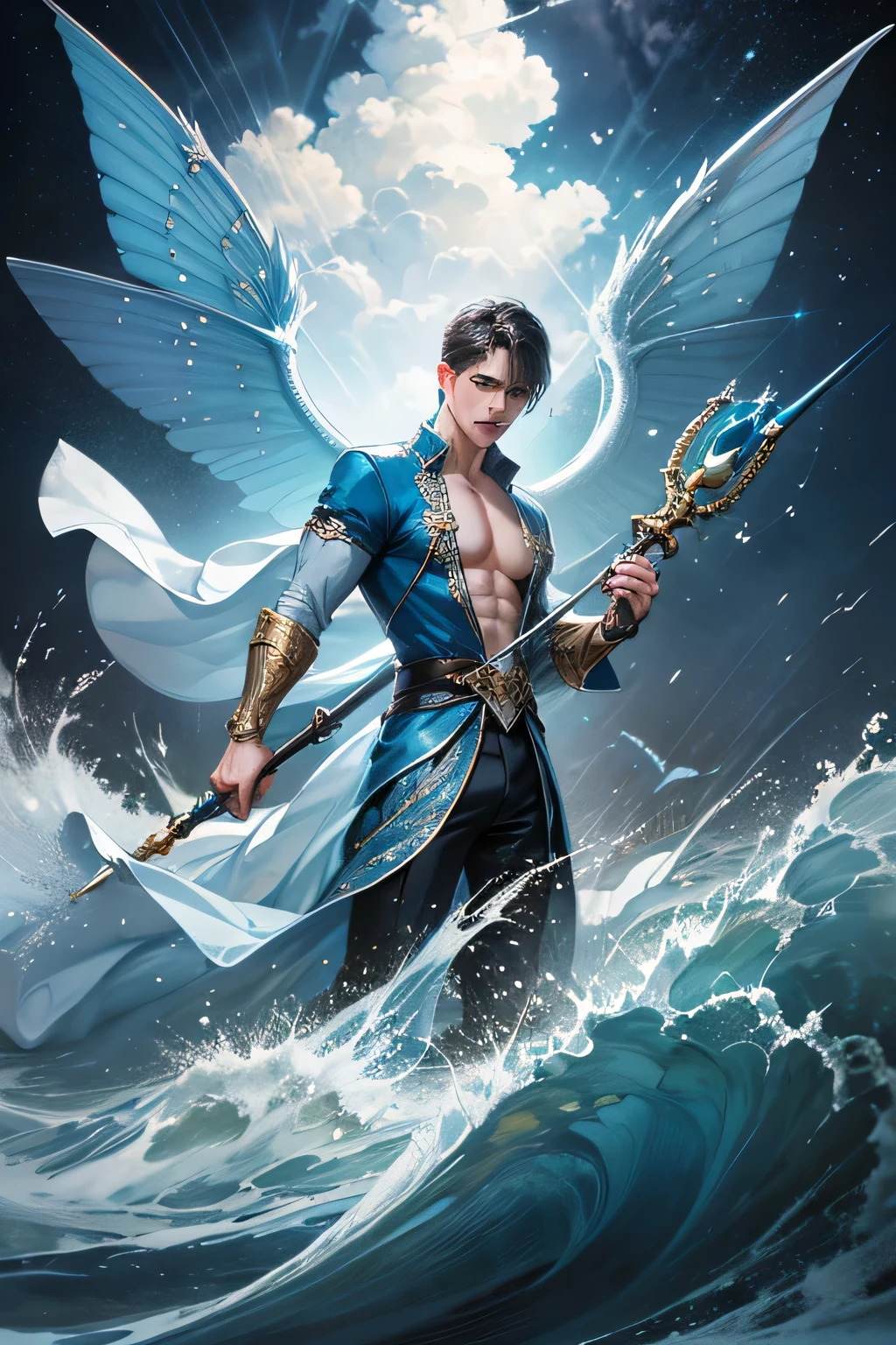 "Create an ultra-realistic image of a strikingly handsome hot sexy men 33 years old male fairy with magnificent large wings that evoke the vastness of the water and the intensity of deep ocean. He should be holding a magical staff that crackles with the power of the water and waves. Dress him in an elegant outfit with shades of yellowish white and blue, reflecting the colors of dawn and the ethereal water. Surround him with elements of the water, such as storm clouds and flashes of lightning, to emphasize his connection to the water and waves. Include a distinct water symbol or design on his body, signifying his role as the keeper of the water and illustrating the profound water energy he possesses within him."