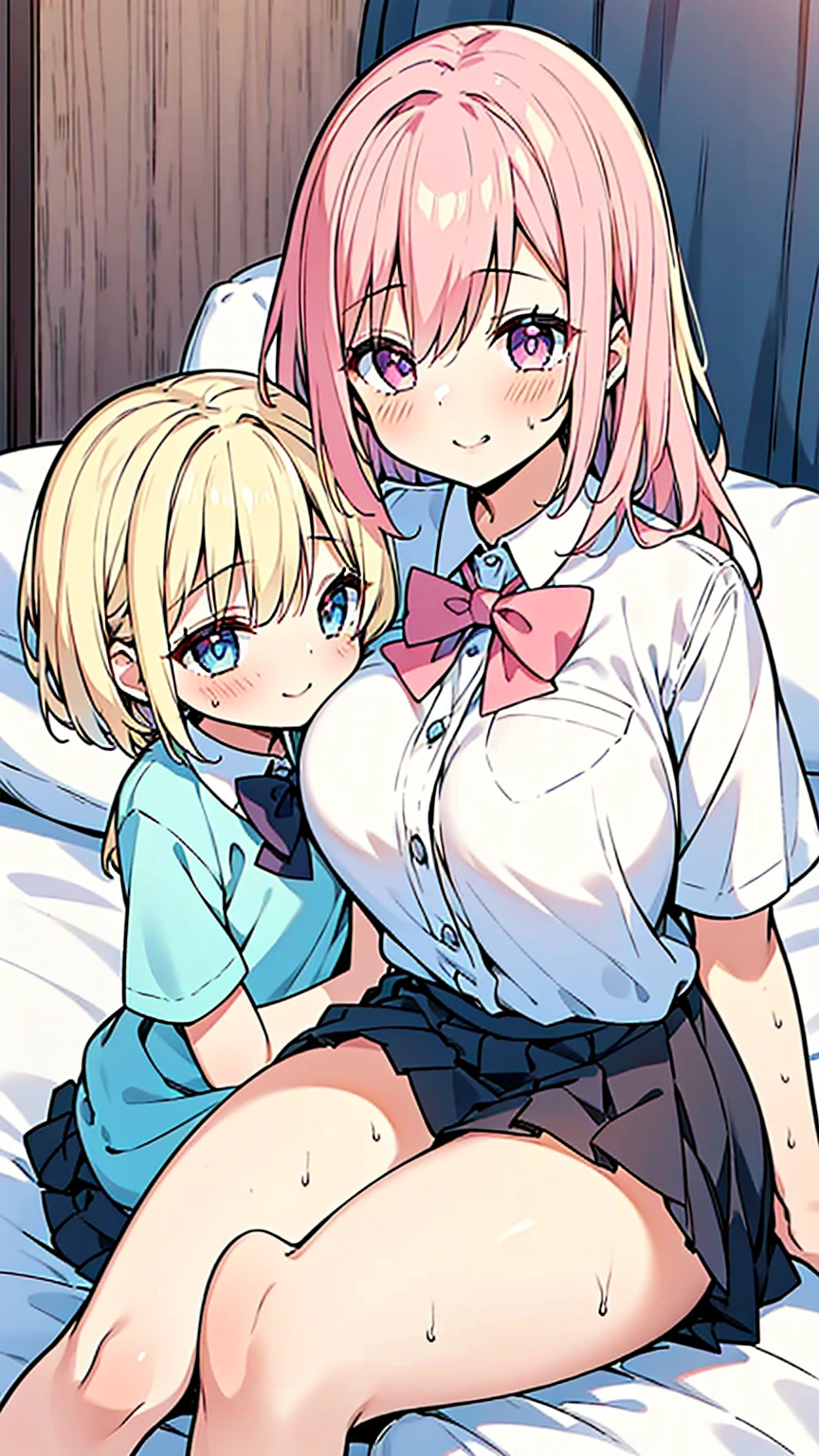 masterpiece, Highest quality, so beautiful, Absurd,High resolution,One girl, ((((One boy)))),Cuddling in bed, like,sexy,Look at each one, blush,Age difference,bow tie,Blonde,chest,Long Hair,Pink Hair,pleated skirt,Tucked in shirt,short hair,skirt,smile,Tent shirt