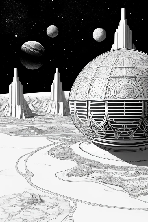 Black and White outline art for Colonies on other planets: Human bases established on distant planets with futuristic domes and structures coloring book page coloring page for kids, kids style, White background, full body, sketch style, use just outline, cartoon style, line art, coloring book, clean line art, 
