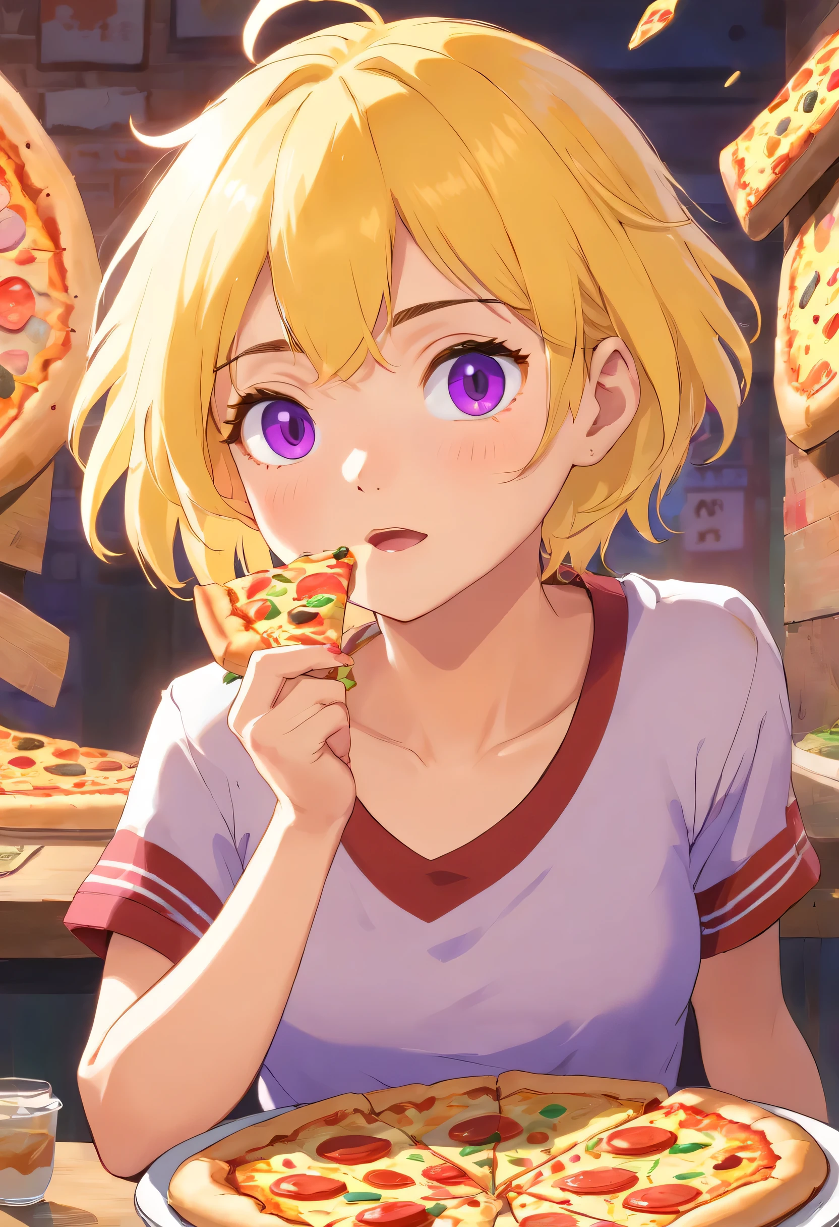 an athletic girl, flat chest, yellow hair, short messy hair, purple eyes,  punk, hungry, eating pizza 
