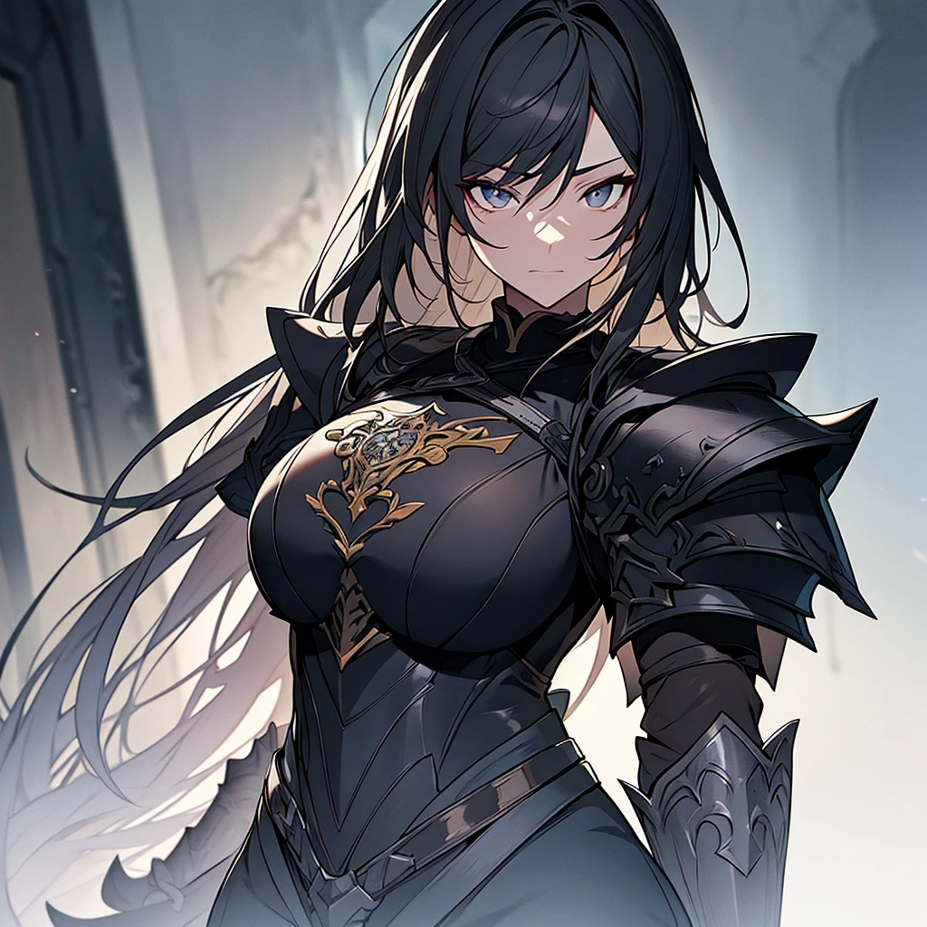 A beautiful female knight in all black armor, light brown eyes, silver hair, detailed armor, intricate ornate armor, muscular physique, heroic pose, medieval fantasy, photorealistic, 8k, high quality, ultra-detailed, cinematic lighting, dramatic shadows, epic fantasy art, atmospheric, moody color palette, chiaroscuro lighting, carrying a black katana with black smoke coming from the sword