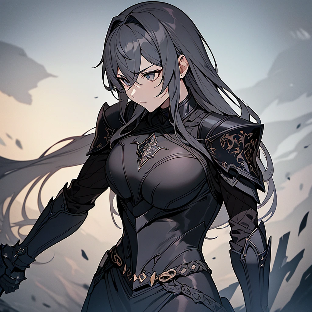 A beautiful female knight in all black armor, light brown eyes, silver hair, detailed armor, intricate ornate armor, muscular physique, heroic pose, medieval fantasy, photorealistic, 8k, high quality, ultra-detailed, cinematic lighting, dramatic shadows, epic fantasy art, atmospheric, moody color palette, chiaroscuro lighting, carrying a black katana with black smoke coming from the sword