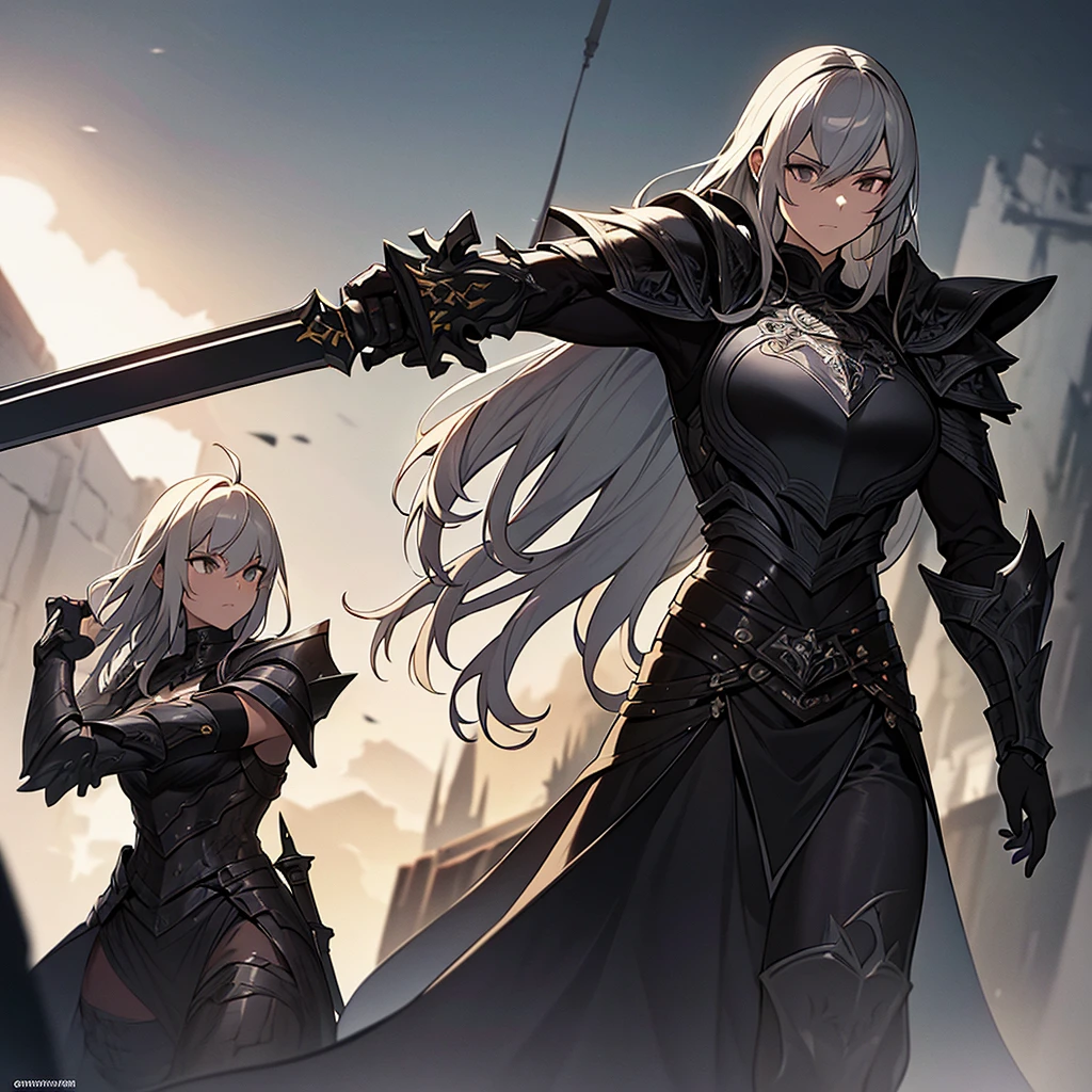 A beautiful female knight in all black armor, light brown eyes, silver hair, detailed armor, intricate ornate armor, muscular physique, heroic pose, medieval fantasy, photorealistic, 8k, high quality, ultra-detailed, cinematic lighting, dramatic shadows, epic fantasy art, atmospheric, moody color palette, chiaroscuro lighting, carrying a black katana with black smoke coming from the sword