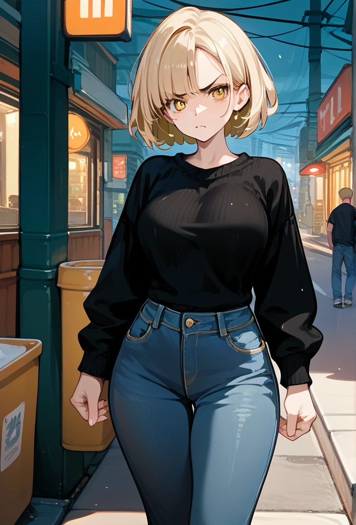 young girl, young face, hot face, golden eyes, short hair, blonde hair, annoyed expression, irritated face, mature body, curvy body, big breasts, black sweater, jeans, sidewalk, (night)