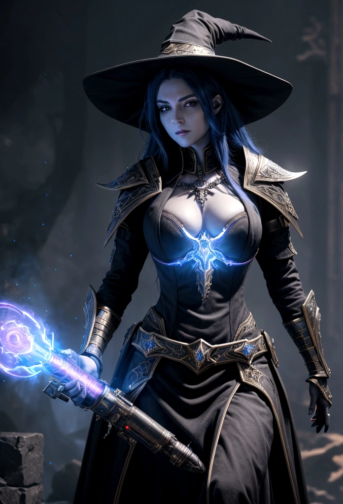 (Highly detailed 8K wallpapers), Medium shot of Loline Necromancer, particle lighting, High detail, dramatic, Gatling gun in hand, Clean background, Wearing a wizard's hat, Removed weapons from the top of the background