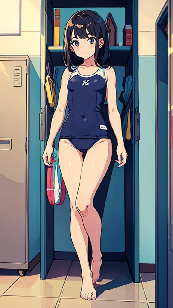 1girl, school swimwear, in the locker room, bare foot, full body shot, masterpiece, best quality, super detail