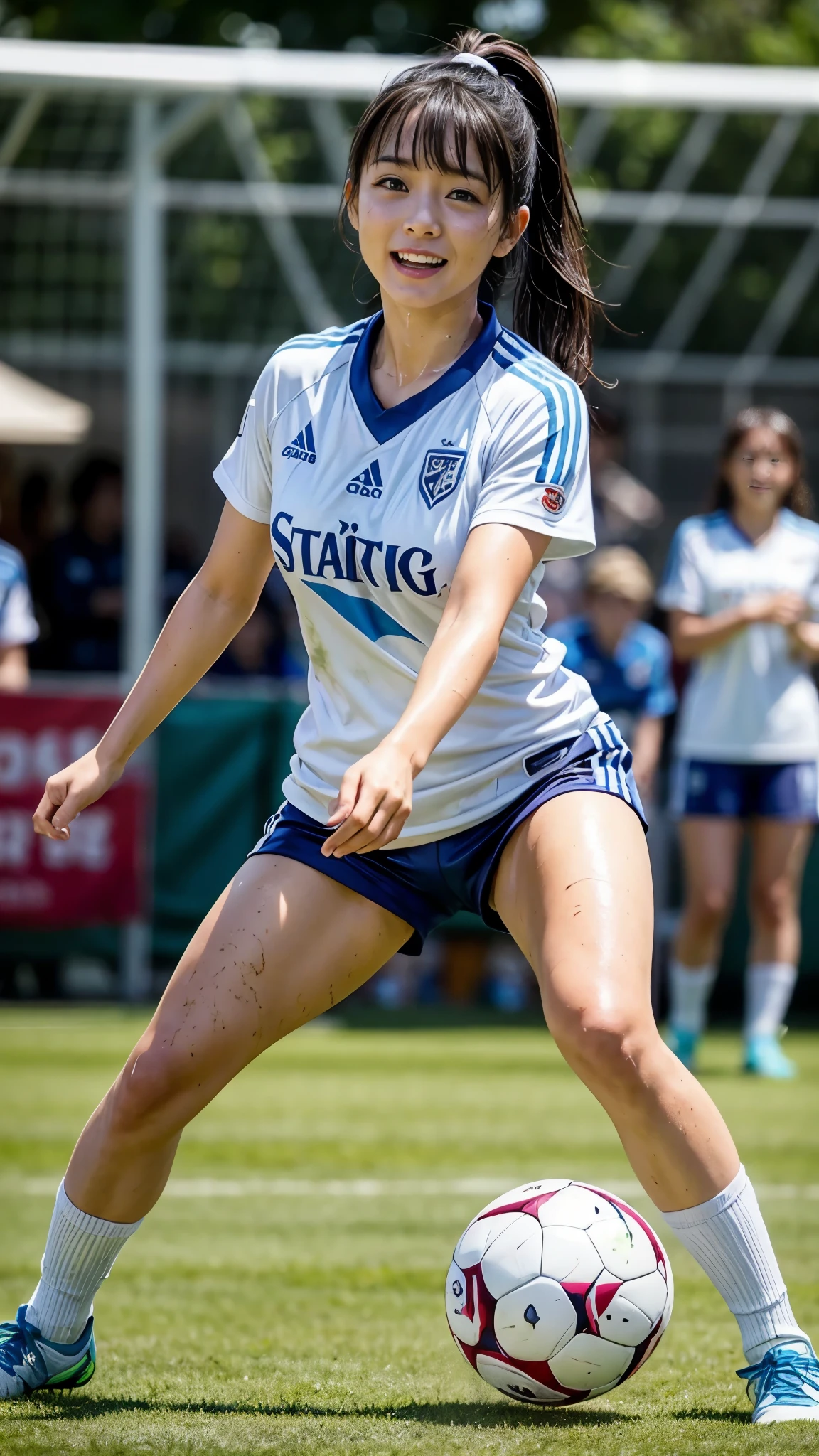 Highest quality, High resolution:1.2, Super detailed, Realistic:1.3, ((Beautiful woman))、Big Breasts、Vibrant colors, play soccer,((blunt bangs))、Has bangs、Wet Hair, Concentration, Splash, Action Shots, Grass blotches, Muddy ground, Wet turf, Decide, Fast-paced games, Athletic physique, Shiny soccer ball, Wet Uniform, raindrop, Blurred motion, Focus on the ball, Intense competition, Skillful dribbling, Energetic play, Teamwork, powerful shoots, Wet pitch, Passionate sports, Fierce Decide, Humid atmosphere, Fluid movement, emotional expression, Difficult conditions, Dramatic lighting, Women's Sports, Avid athletes, Exciting Games, endure, Excited state, Speed and agility, Energetic play, 濡れたSplash、smile、