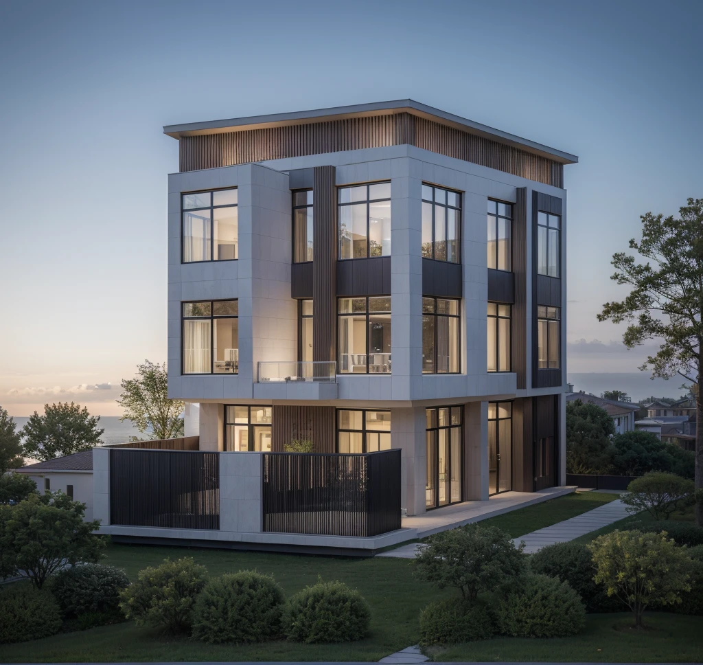 RAW photo, Exterior of two story white modern house, (road:1.3), (sidewalk:1.3), (sidewalk trees:1.3), (residences area:1.4), dawn time, overcast, tropical trees and plants, (high detailed:1.2), 8k uhd, dslr, soft lighting, high quality, (sharpen:1.5)