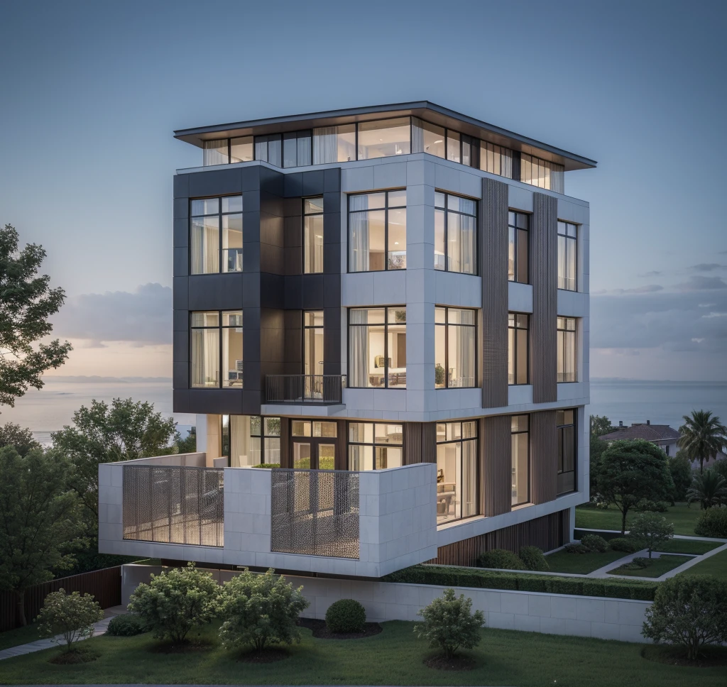 RAW photo, Exterior of two story white modern house, (road:1.3), (sidewalk:1.3), (sidewalk trees:1.3), (residences area:1.4), dawn time, overcast, tropical trees and plants, (high detailed:1.2), 8k uhd, dslr, soft lighting, high quality, (sharpen:1.5)