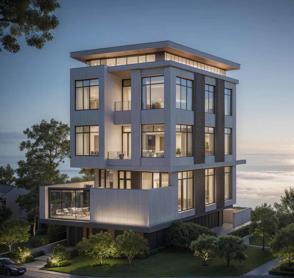 RAW photo, Exterior of two story white modern house, (road:1.3), (sidewalk:1.3), (sidewalk trees:1.3), (residences area:1.4), dawn time, overcast, tropical trees and plants, (high detailed:1.2), 8k uhd, dslr, soft lighting, high quality, (sharpen:1.5)