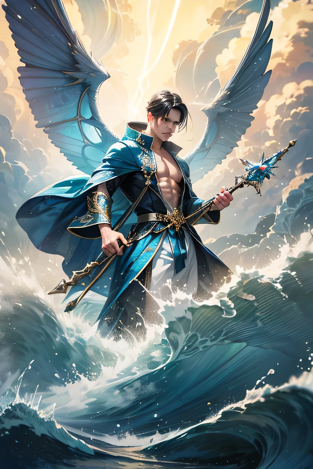 "Create an ultra-realistic image of a strikingly handsome men 33 years old male fairy with magnificent large wings that evoke the vastness of the water and the intensity of deep ocean. He should be holding a magical staff that crackles with the power of the water and waves. Dress him in an elegant outfit with shades of yellowish white and blue, reflecting the colors of dawn and the ethereal water. Surround him with elements of the water, such as storm clouds and flashes of lightning, to emphasize his connection to the water and waves. Include a distinct water symbol or design on his body, signifying his role as the keeper of the water and illustrating the profound water energy he possesses within him."