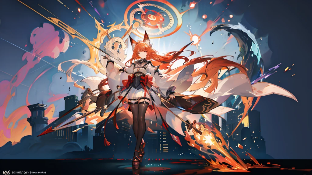"1 person, Goddess, girl with orange hair and fox ear, red eyes, wearing red white orange kimono, Complex and gorgeous anime CGI style, , full-body fantasy of fire magic, Anime girl, guweiz style artwork, big breasts, smiling, tights, standing cross-legged, fox with her , ethereal fantasy, victorian era, fire elements, splash art, side view,solo (full HD 4K+ image)"