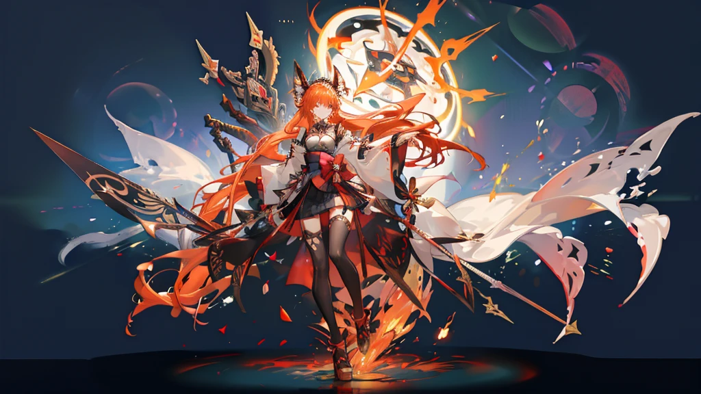 "1 person, Goddess, girl with orange hair and fox ear, red eyes, wearing red white orange kimono, Complex and gorgeous anime CGI style, , full-body fantasy of fire magic, Anime girl, guweiz style artwork, big breasts, smiling, tights, standing cross-legged, fox with her , ethereal fantasy, victorian era, fire elements, splash art, side view,solo (full HD 4K+ image)"