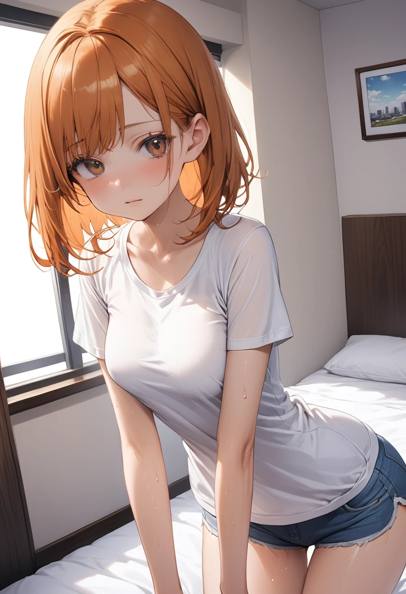 ((masterpiece,Highest quality:1.3,best quality illustration)),cowboy shot,1woman,16-year-old Japan beauty,((very small head:1.4)),short bob hair,bangs,(orange hair),brown eyes,gorgeous eyes,shy,medium breasts,((very long body)),(White loungewear T-shirt、Light grey micro shorts),(toned body,slender body,skinny),gleaming skin,shiny skin,oily skin,sweat,standing,Simple bed、Simple bedroom,simple hotel、Tokyo