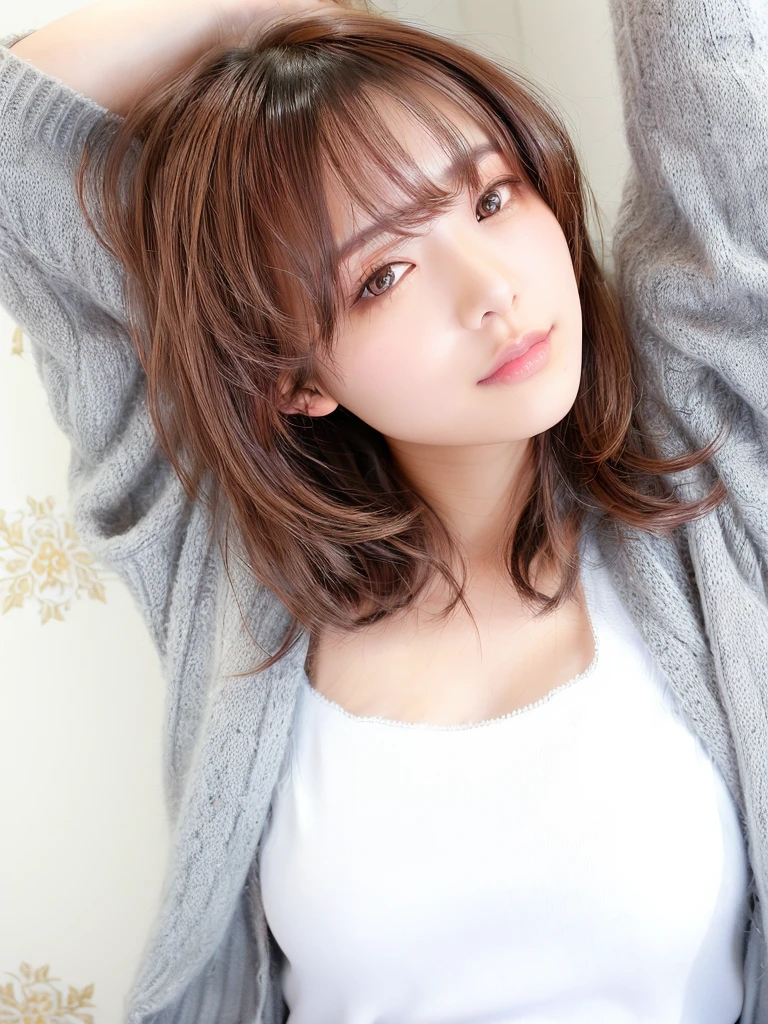 Close-up of a woman wearing a brown sweater and fastening a belt, Short Hair, Chie Yoshii's Style, Brown color, Brown Hair, medium portrait top light, Chiho, narumi kakinouchi, Mid-length hair, For whom?, Yoshitomo Nara, Ayaka, Coral brown hair