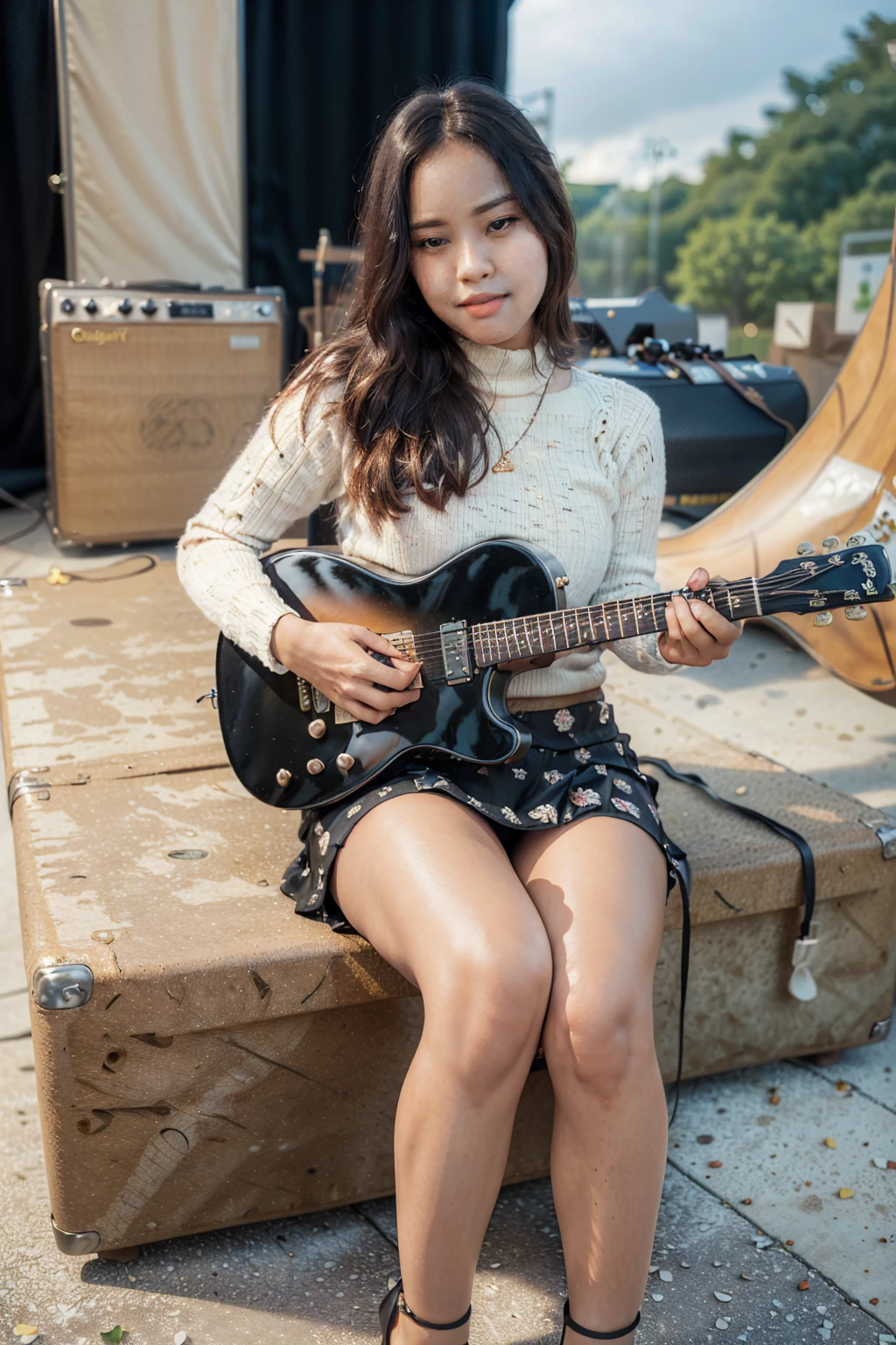 masterpiece, best quality, ultra detailed, high resolution, 1 girl, ((pretty lady MoonLay)), Burmese girl, ((pretty lady MoonLay's seductive sweet face with sweet smile:1.2)), ((playing guitar with sweet pose:1.6)), ((electric guitar)), ((big stage background:1.5)), (((background blur to highlight character:1.4))), golden hour setting, 8k, (black sweater turtleneck tight blouse), ((white ink flowers pattern printed on black mini tight skirt:1.2)), ((sitting and elegantly leg-crossed and knee over knee pose:1.5)), (stiletto high heel), ((full body view:1.6)), (vibrant HDR lighting),