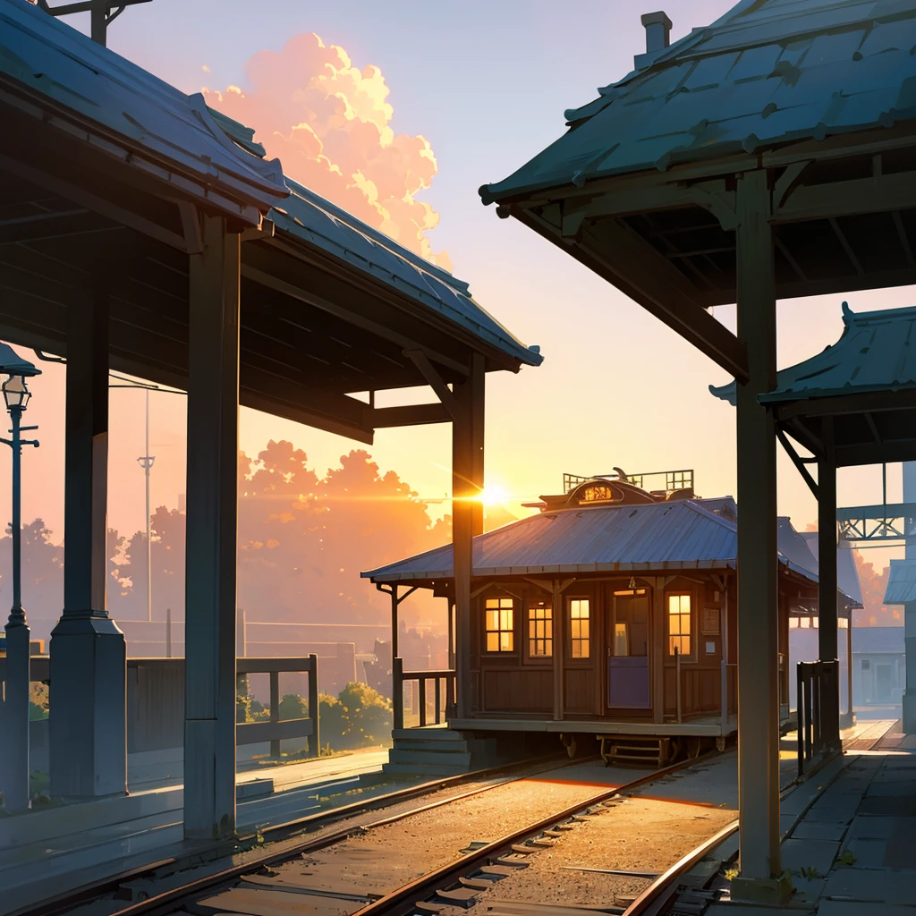 A small, quaint train station with a single platform. The sun is setting, casting a warm glow over the scene.