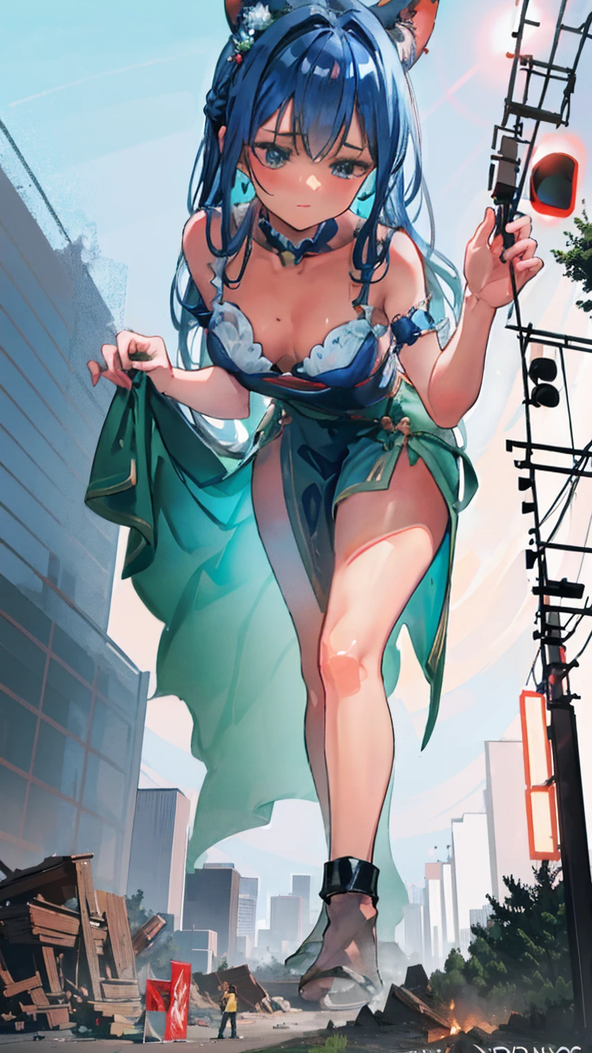 Giantess mad, with a sexy dress, blue hair and sexy skin from the forest defending the threes from tiny people, that comes to cut down trees and destroy nature. Goddess, sexy, hot, tall, curvy body, tall woman, long legs, sexy legs