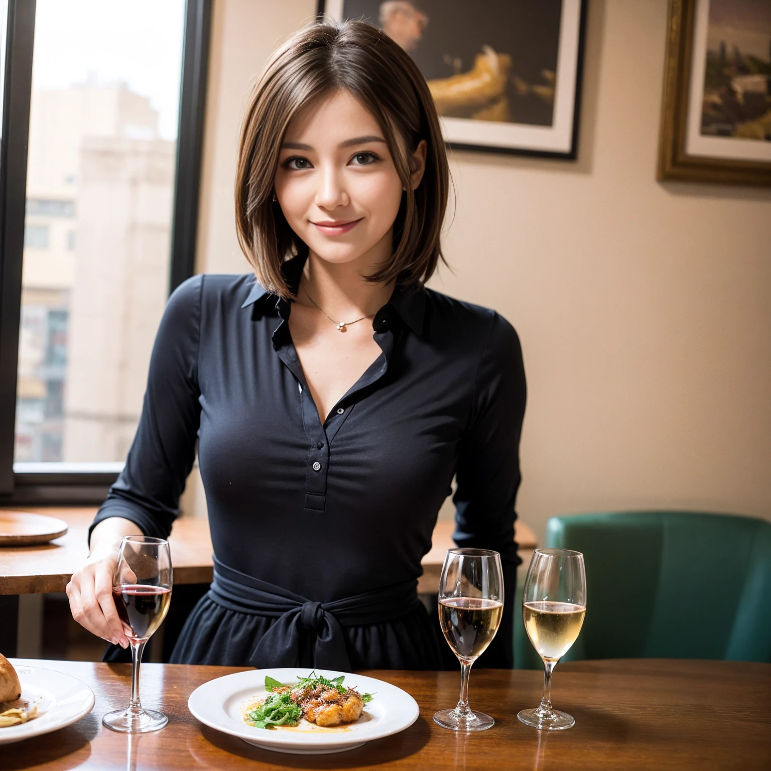 ((Highest quality、8K、masterpiece:1.3))、Yuuko Araki、slimカップル、Pink rubber、modelカップル、(Realistic, Intricate details:1.2), full-course dinner、Wine Party、Amazing view of the sunset sky and clouds、A bright smile、The wonderfulness of smile、Bright image、The beauty of wine, Beautiful Face, blue eyes, The light shines on your face, Blushing, short hair,Bright Face、42 years old), 39 years old, red wine 、Appetizers、Italian food、Wine bottle、Champagne、sparkling wine、Two beauties、Brown Hair、Shortcuts、Long sleeve shirt、dress、Beautiful woman 1, (slimな顔), (The body is slim), (Brown Hair), (Shortcuts), cheeks turn a little red,Attractive beauty、restaurant, In a prominent place (From the waist up) Nova Frog Style, actress, model, Upper Body, White wine, slim, wine glass, 中央に置かれたwine glass, smile, (smile: 1.15), Beautiful fine grain, Depth f/2,saturation, High Contrast, Strong light and shadow,Moist Body:1.5、3D texture、Delicate eyes、Brown Hair、The hair is very shiny、