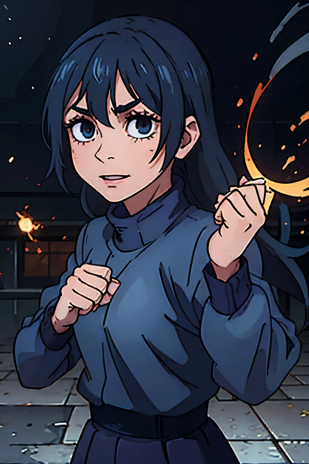 Generate image of a young anime woman drawing style from the anime Jujutsu Kaisen, long wavy hair with light brown bangs, bright brown eyes, thesis clara (cold colors) and very feminine features, fine and pretty, subtle makeup and wears a small dark blue uniform. Smiling medium build, but curvy.