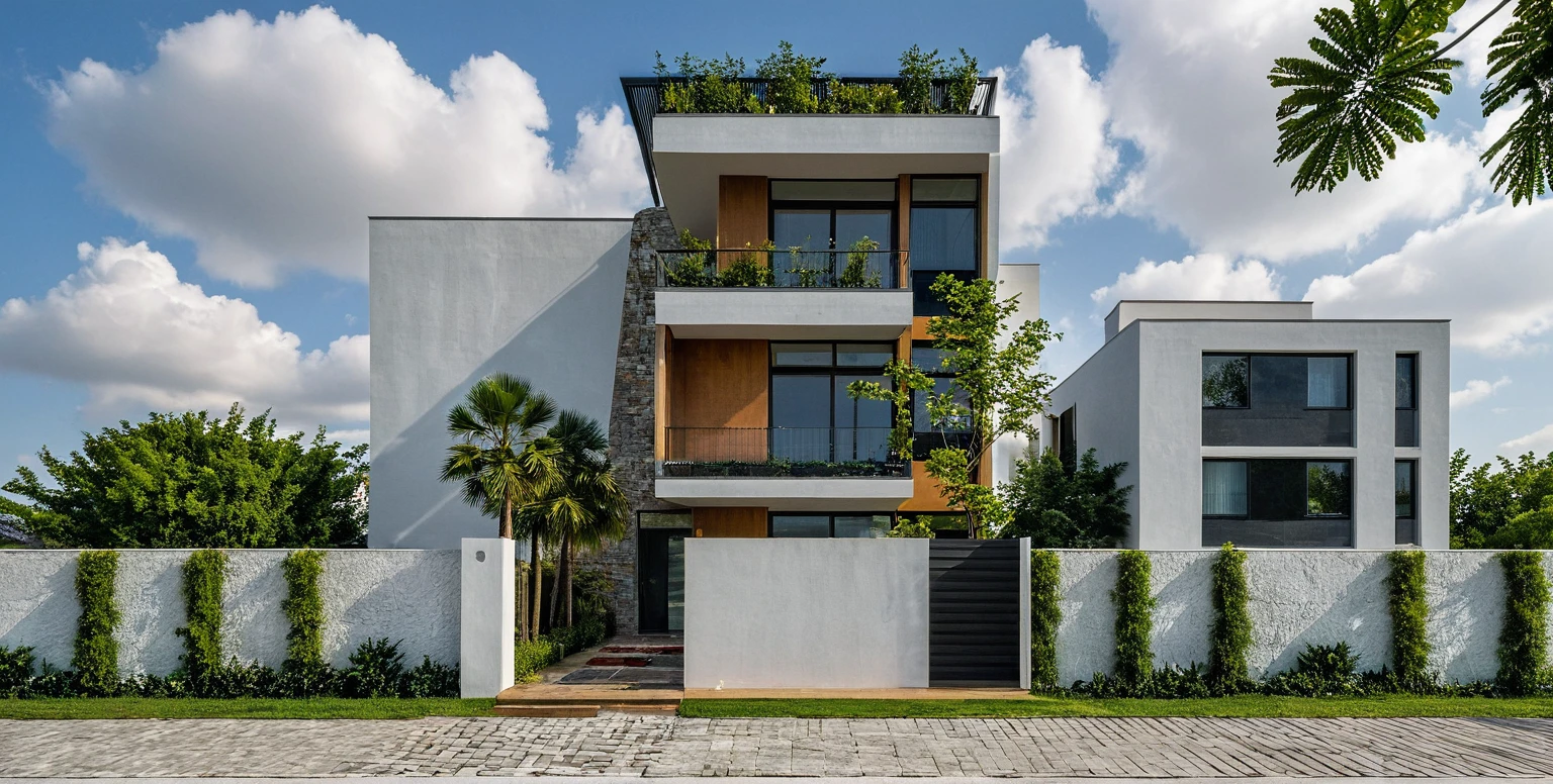 Masterpiece, high quality, best quality, authentic, super detail, outdoors, onestoreyofficeXL, aiaigroup, villa style modern on the garden ,stairs, white wall , road,pavement, grass, trees, sky, cloud, (daylight:1.1), random style color exterior