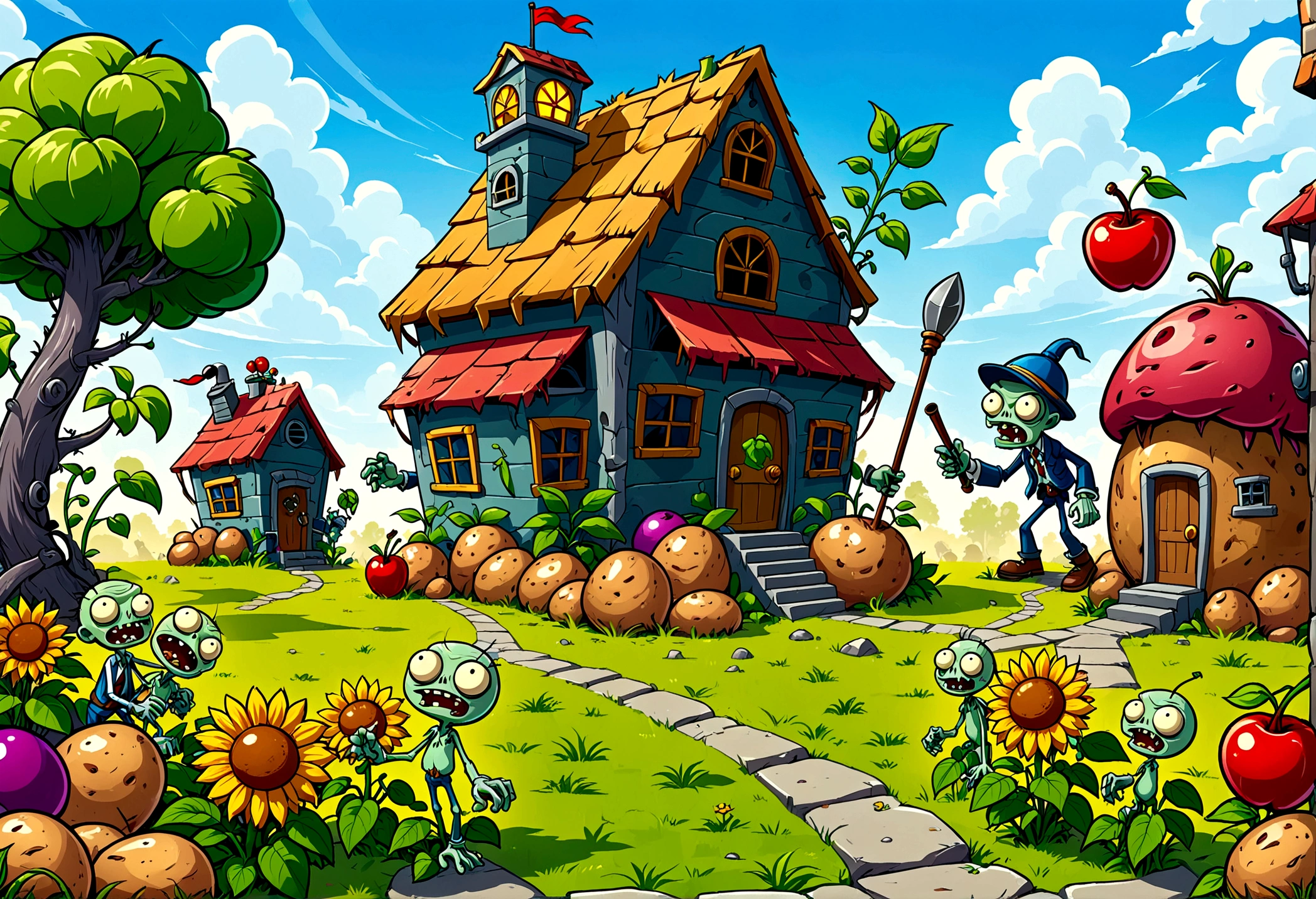 A screen shot showing a gaming video on the popular video-sharing platform,The game being played is a vivid fictional action-adventure game Plants vs. Zombies,背景是一个充满Various strange plants and zombies的详细幻想世界,Various strange plants and zombies,Pea shooter,((Potato Mine)),Cherry Bomb(Cherry Bomb), sunflower,Chomper,(Gatling Pea),(Flag zombies),Plants vs. Zombies game screen image,Strategy tower defense game,Colorful plants and zombies,Vivid colors,Bright and cheerful mood,Cartoon Style,Detailed background,Immersive game scene,Wide landscape perspective,Playful and whimsical design