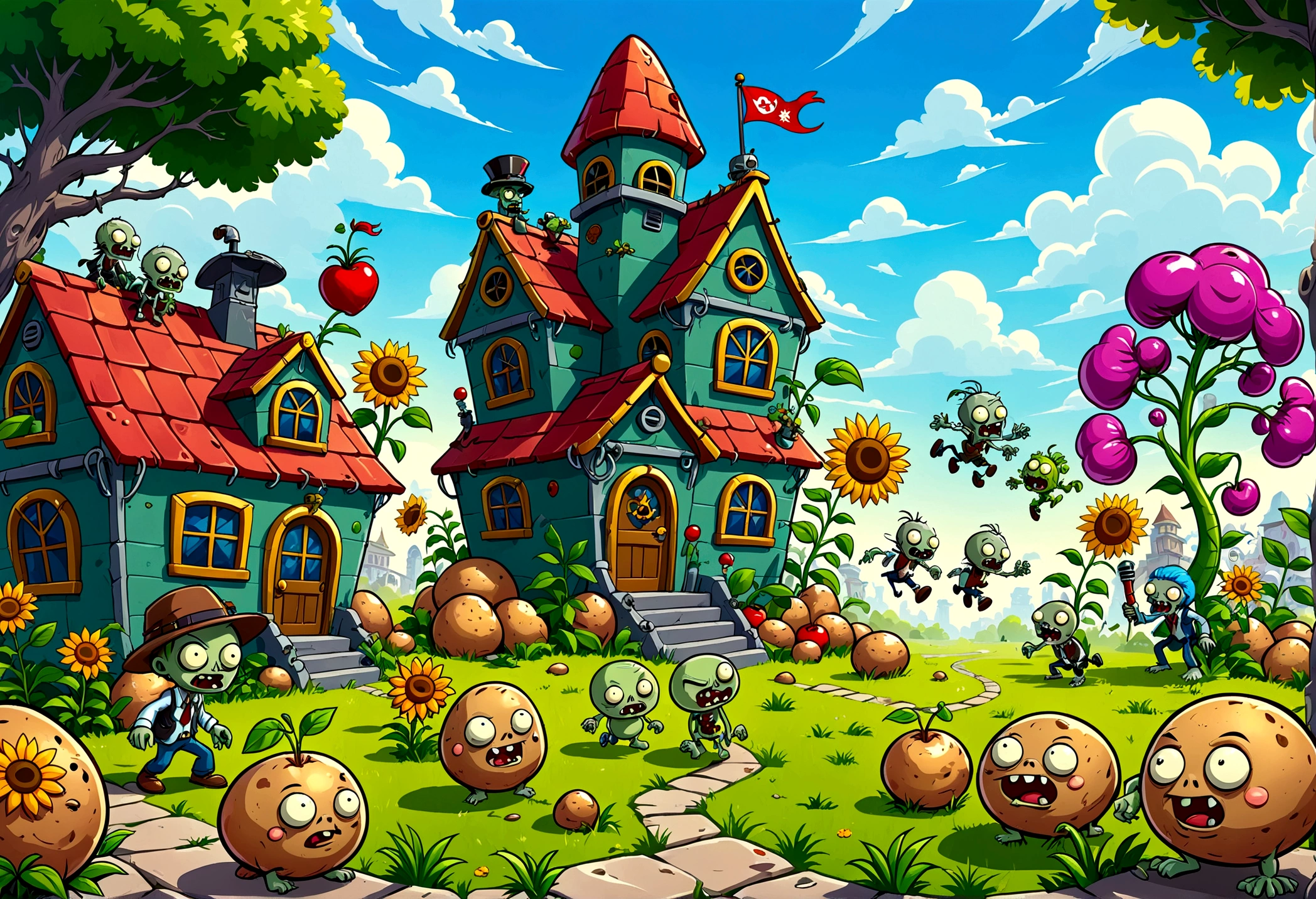 A screen shot showing a gaming video on the popular video-sharing platform，The game being played is a vivid fictional action-adventure game Plants vs. Zombies，背景是一个充满Various strange plants and zombies的详细幻想世界，Various strange plants and zombies，Pea shooter，((Potato Mine))，Cherry Bomb(Cherry Bomb), sunflower，Chomper，(Gatling Pea)，(Flag zombies)，Plants vs. Zombies game screen image，Strategy tower defense game，Colorful plants and zombies，Vivid colors，Bright and cheerful mood，Cartoon Style，Detailed background，Immersive game scene，Wide landscape perspective，Playful and whimsical design