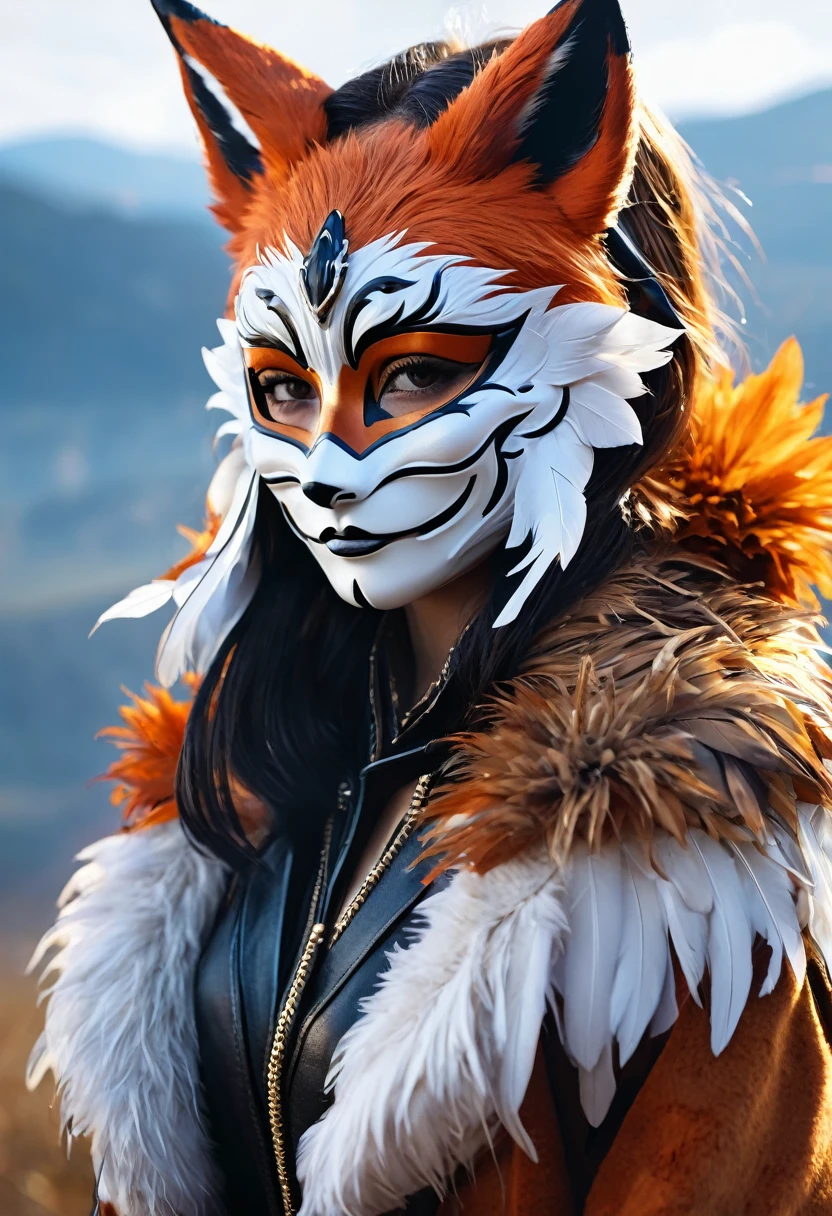 Un llamativo, highly realistic photo of a woman dressed as Arcanine from Pokémon, with a vibrant representation of African costume and backdrop.