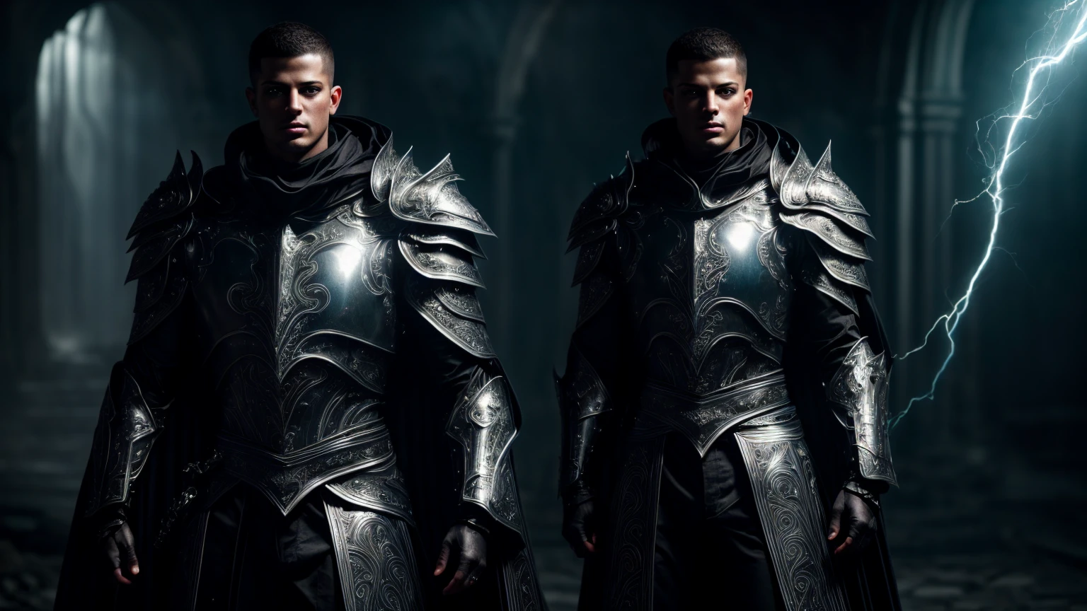 full body Male paladin wearing a black leather armor under a shiny black intricate elaborated plate chest armor with silver lightnings accents, long black cape with silver lightnings ornaments, holding a great silver sword, highly dramatic picture, dynamic pose, (((cinematic lighting))), ((clear details)), (1 man), Masterpiece, Of the highest quality, Colorful cinematic lighting, portrait photography, dappled light, HDR, Very detailed, 8k, Hyper realistic, F1.4 opening, 8mm film grain, Cinestill 800, (hyper-realistic lifelike texture:1.4, realistic eyes:1.2), (octane render, unreal engine 5), (ecstasy of light and shadow:1.5, deep shadow:1.5),