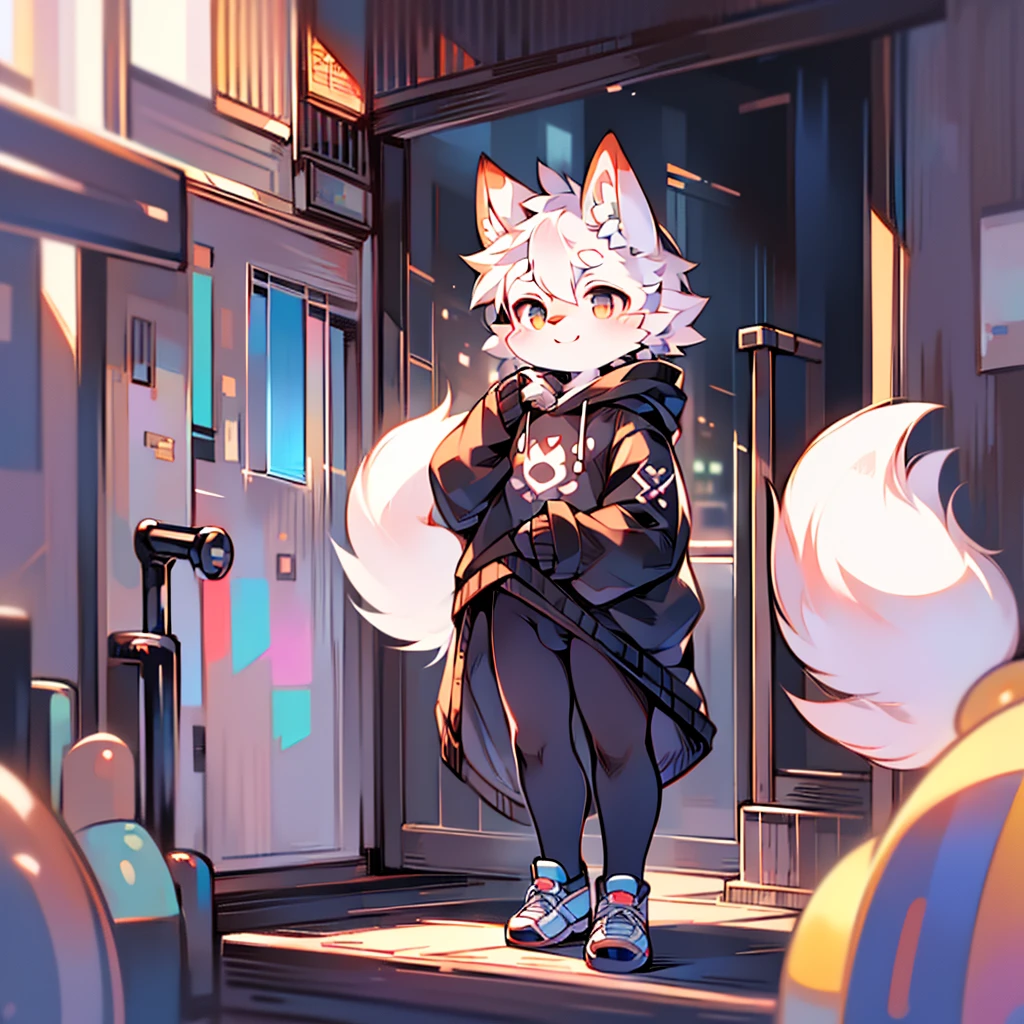 kawaii style, furry, Alone, male, White fox . beautiful, adorable, Simple colors, happy, anime influence, femboy body type, standing on the street, Casual clothes, black sweatshirt, black tights with white tennis shoes 