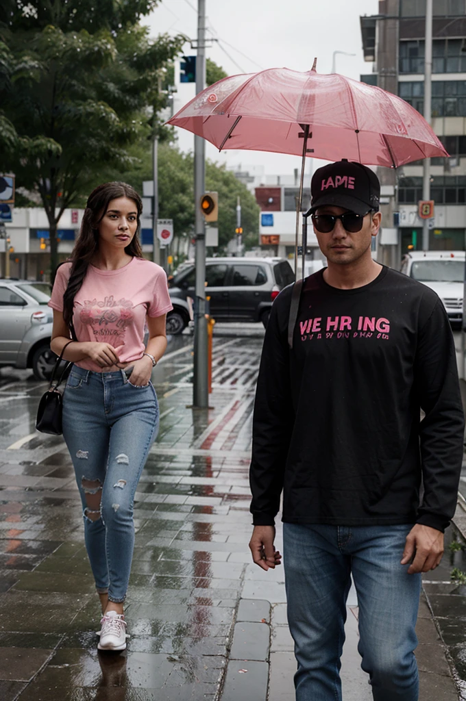 3D caricature of a woman waiting for the bus,On the hate bus, it was raining heavily, accompanied by his partner carrying a red rose, wearing a pink shirt and the men wearing black t-shirts and jeans.