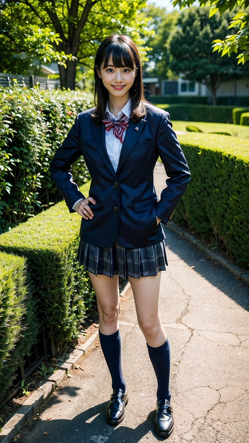 (8K、RAW Photos、Highest quality、masterpiece:1.2)、(Realistic、Realistic)、1 Girl、((blackチェックミニスカート、High school uniform、blazer、Navy Socks、loafers、Medium Hair、black、Thin legs、garden、View from the front、smile、Looking into the camera、Stand with hands on hips))、cute