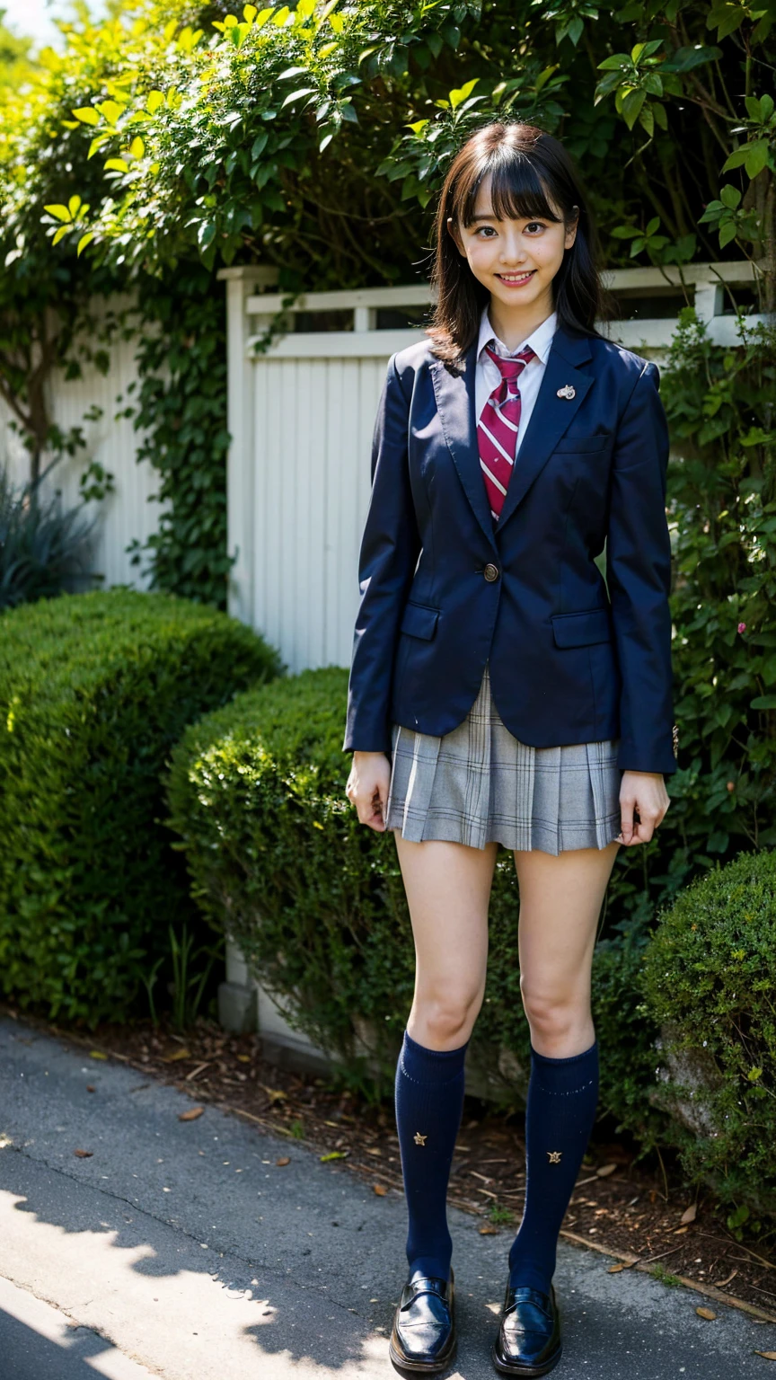 (8K、RAW Photos、Highest quality、masterpiece:1.2)、(Realistic、Realistic)、1 Girl、((blackチェックミニスカート、High school uniform、blazer、Navy Socks、loafers、Medium Hair、black、Thin legs、garden、View from the front、smile、Looking into the camera、Stand with hands on hips))、cute