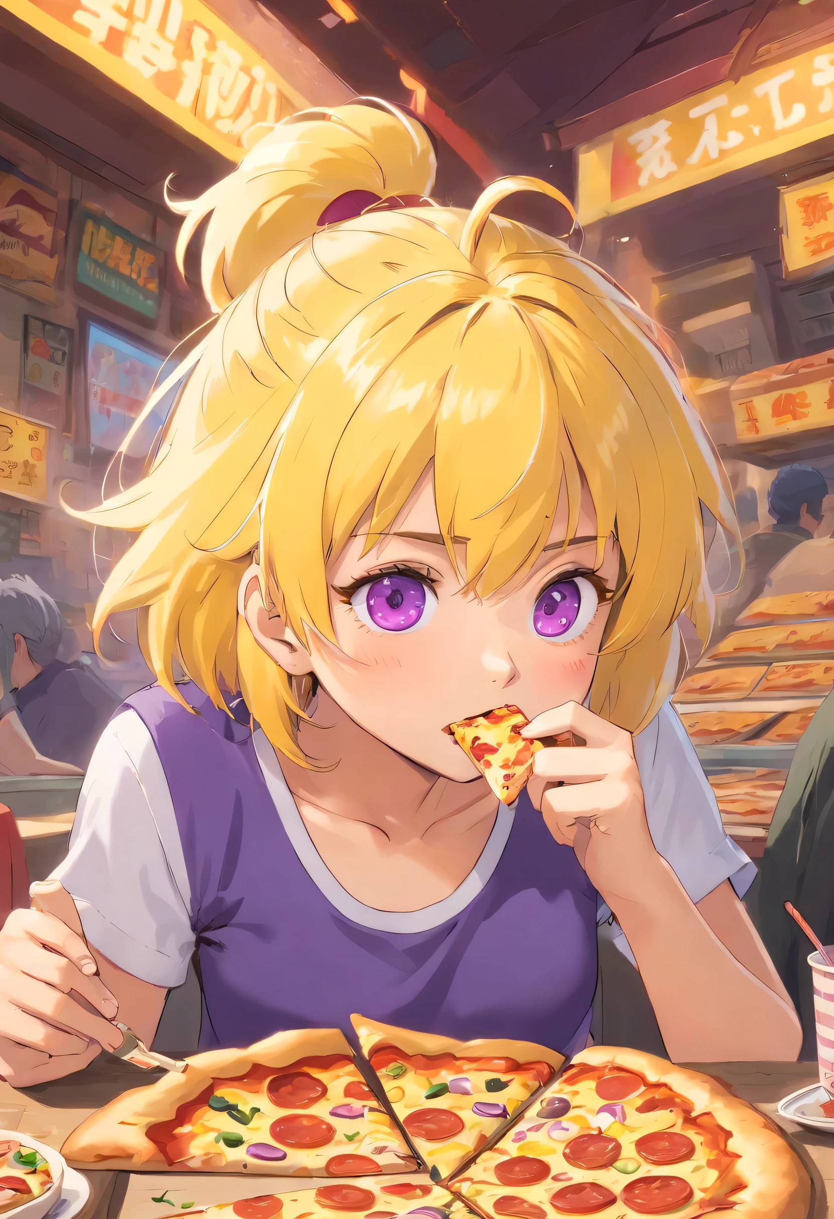 an athletic girl, flat chest, yellow hair, short messy hair, purple eyes, punk, hungry, eating pizza