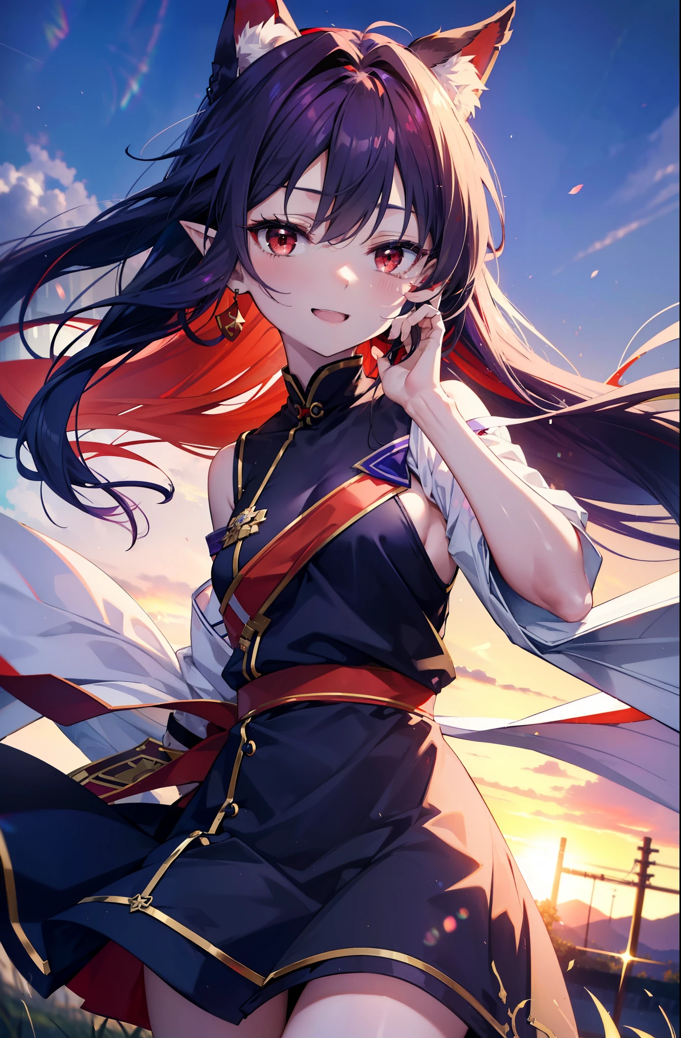 yuukikonno, Yuki Konno, hair band, Long Hair, Pointy Ears, Purple Hair, (Red eyes:1.5),happy smile, smile, Open your mouth, Are standing,
From above, (Small breasts:1.2), ,Dog Ears,Animal ears　Dog&#39;s tail,Grin,Purple sleeveless dress,Bare arms,Cute Sandals,Put your right hand on your hip,Are standing,Daytime,whole bodyがイラストに入るように,
break looking at viewer, whole body, 
break outdoors,countryside,
break (masterpiece:1.2), Highest quality, High resolution, unity 8k wallpaper, (shape:0.8), (beautiful deしっぽed eyes:1.6), extremely deしっぽed face, Perfect lighting, extremely deしっぽed CG, (Perfect hands, Perfect Anatomy),