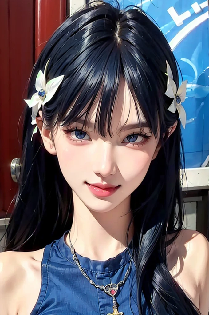 (((best quality))),(((ultra detailed))),(((masterpiece))),(realistic:1.2),makeup,(blue hair:1.4),mature female,illustration,(eishin flash cosplay:1.3),posing in front of a colorful and dynamic background. She has a confident expression,The overall style should be modern and trendy,(smile:1.4),wall paper,crowds,fashion,Lipstick,ray tracing,(depth of field:1.3),(street:1.2),in public,BLACK EYES,solo,looking at viewer,glossy skin,contrapposto,necklace,female focus,model,street,in public,fine fabric emphasis,1girl,lips,