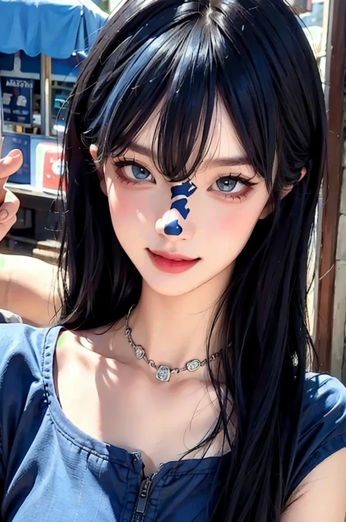 (((best quality))),(((ultra detailed))),(((masterpiece))),(realistic:1.2),makeup,(blue hair:1.4),mature female,illustration,(eishin flash cosplay:1.3),posing in front of a colorful and dynamic background. She has a confident expression,The overall style should be modern and trendy,(smile:1.4),wall paper,crowds,fashion,Lipstick,ray tracing,(depth of field:1.3),(street:1.2),in public,BLACK EYES,solo,looking at viewer,glossy skin,contrapposto,necklace,female focus,model,street,in public,fine fabric emphasis,1girl,lips,