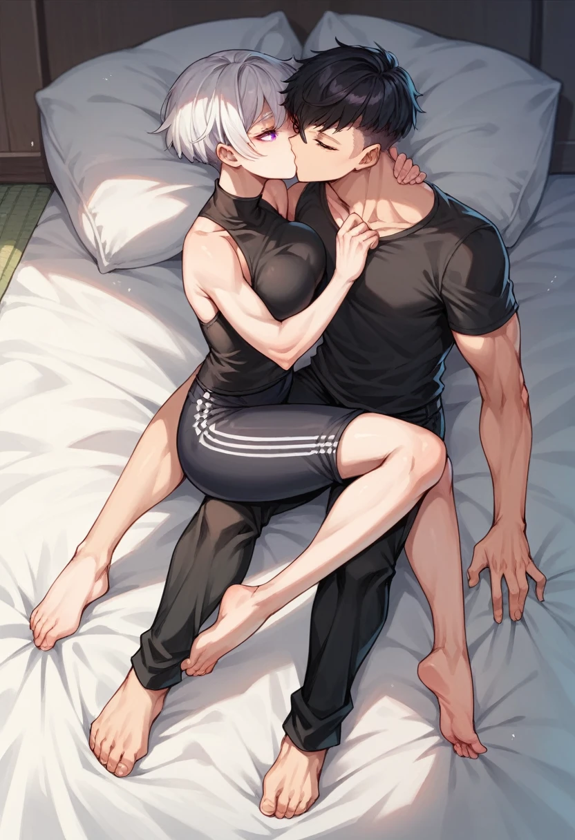 1 girl, short, pixie cut, white hair, white eyelashes, purple eyes, Japanese, large breast, sexy, full body, teasing, 1 boy, long black hair, tall, red eyes, muscular, black pants, touching, kissing, in bed
