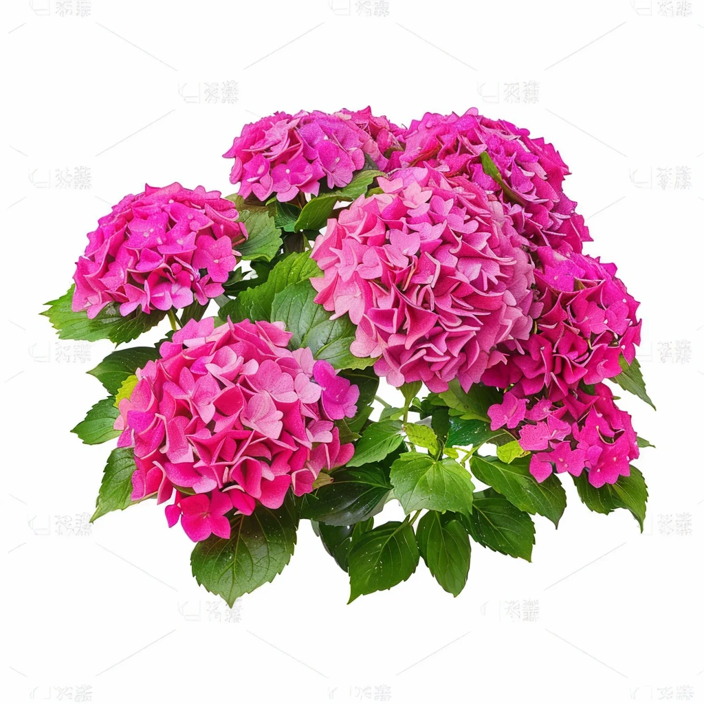 （（Hydrangea）），Pink，Real leaves，Round flower cluster，Planted in the ground，high quality，Clarity，（纯White background），Medium shot，White background，Game texture，lifelike，4K