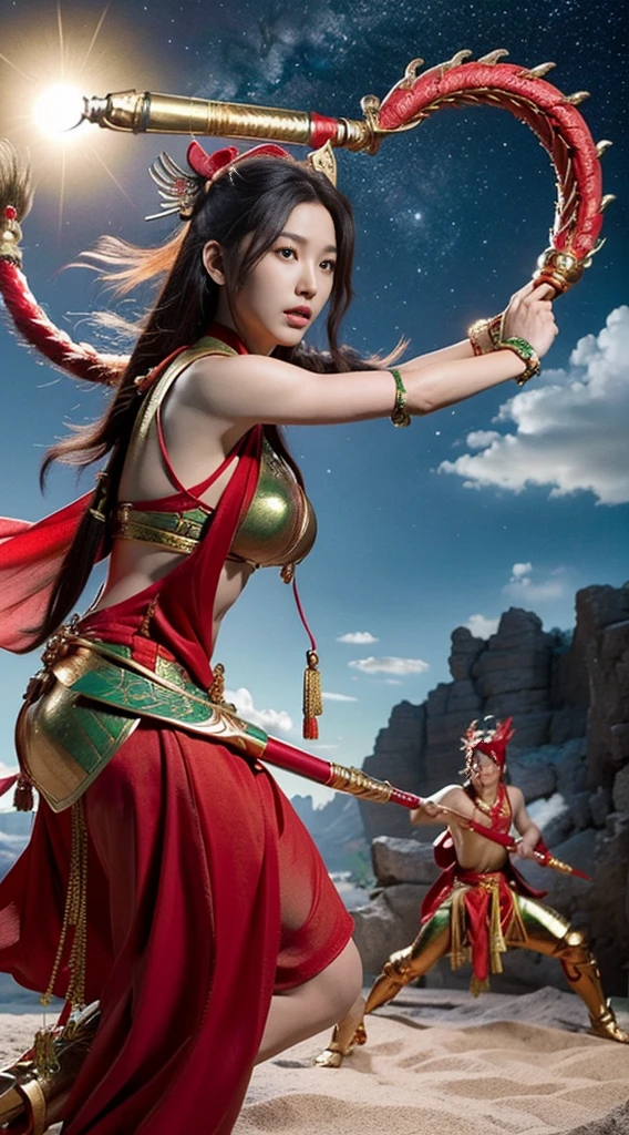1 male Lü Bu, 1 female Diaochan, 1 Sun Wukong, wearing red golden armor, holding the Green Dragon Crescent Blade, (3 figures in intense battle:1.3), background with celestial pavilions, colorful clouds, starry atmosphere, best quality, masterpiece