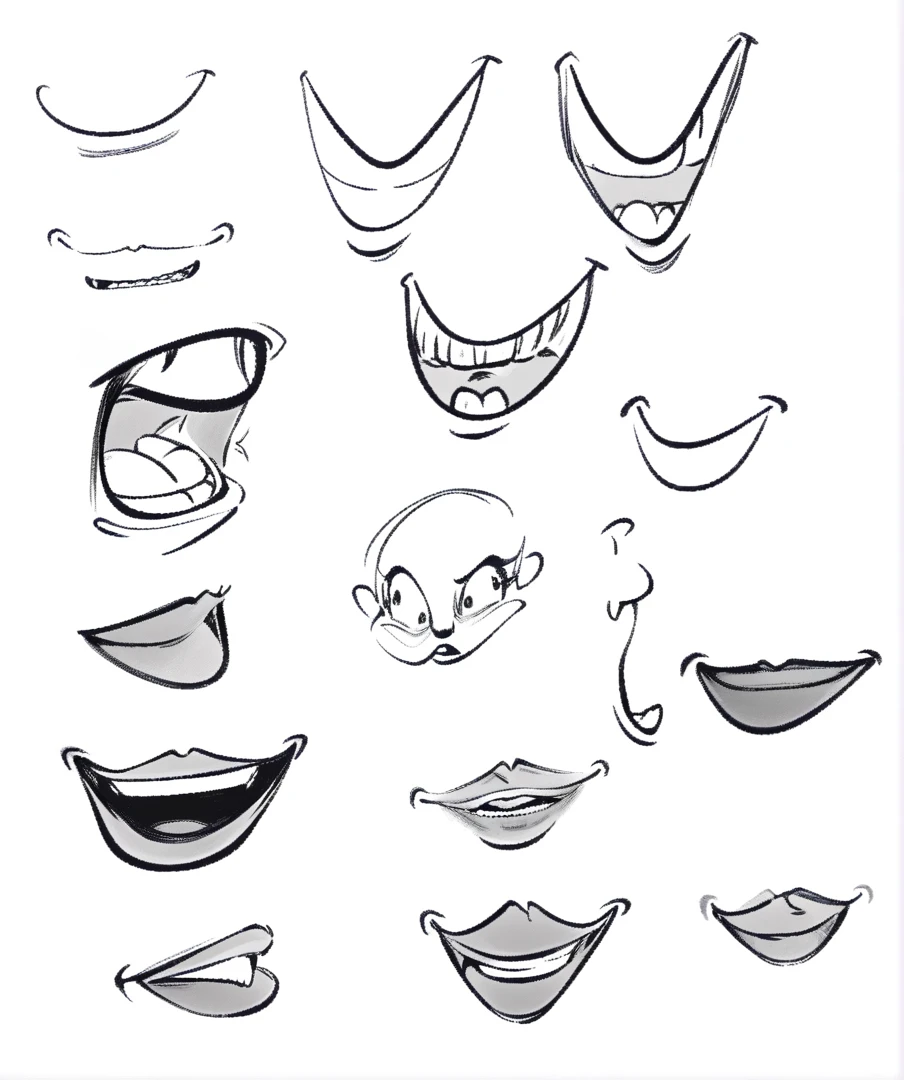 a drawing of a cartoon mouth with different expressions, mouths, round teeth and goofy face, many mouths, disney cartoon face, mouth is simple and pleasant, expressions, pointed teeth and several eyes, cute teeth, expressive facial features, face doodles, detailed mouth, lips, cartoon face, face variations, detailed expressive faces, mouth, facial features ), facial features), happy expressions
